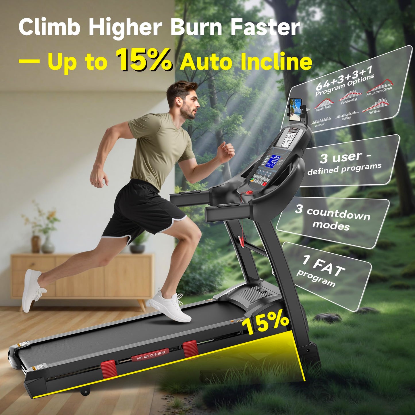 5.0 HP Folding Treadmill 400 lbs Capacity with 15% Auto Incline, Running Machine Treadmill for Home 10MPH, Bluetooth & Pulse Monitor, 71 Programs, 18" Wide Running Deck