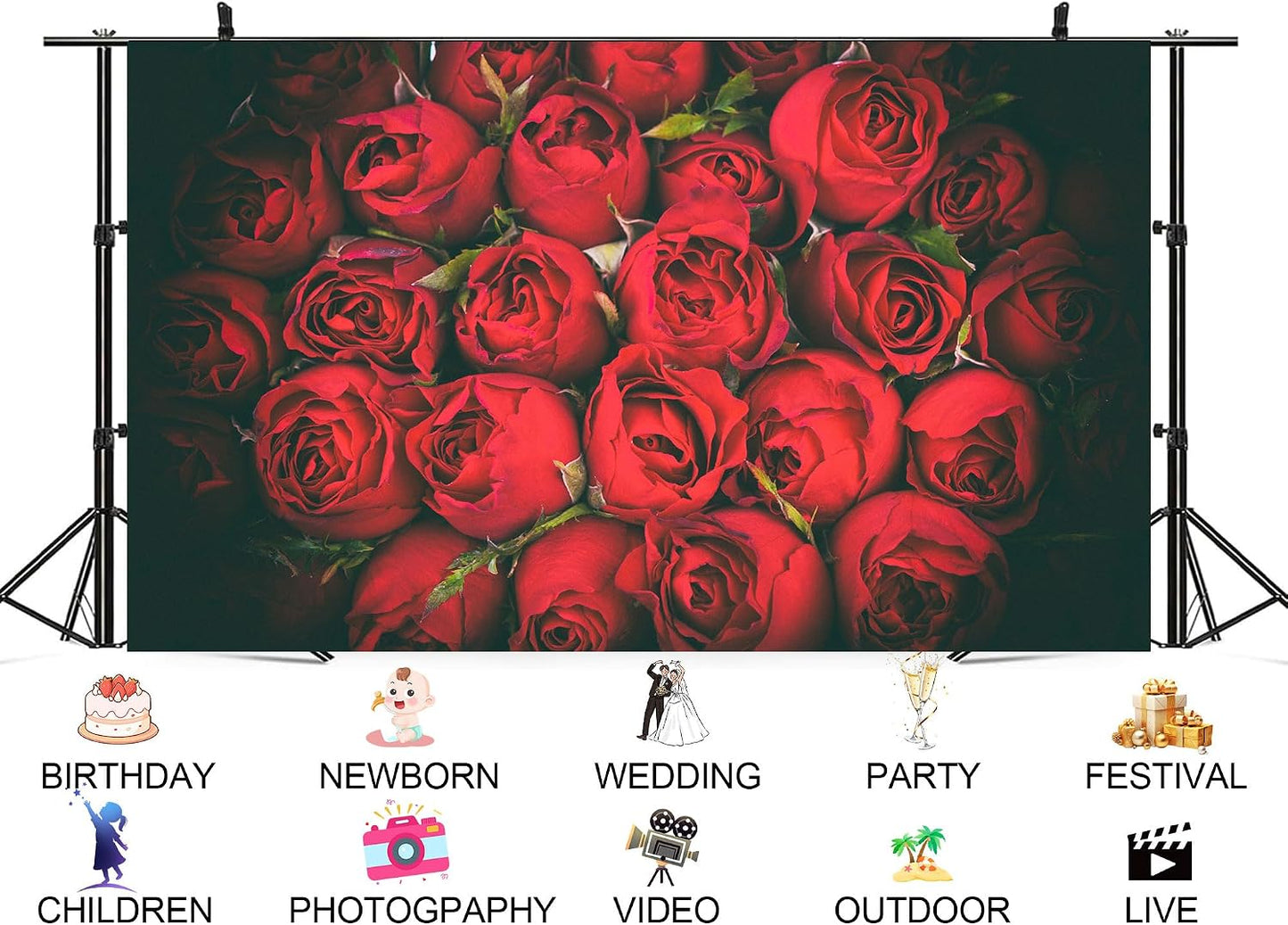 UPXIO 10x10ft Dense Red Roses Bouquet Backdrop Romantic Floral Deep Red Petals Photo Background Tapestry for Wedding