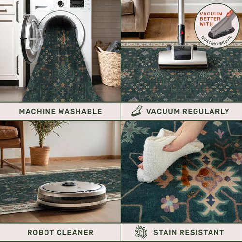 Hazo Haus Vintage Dark Green 6x9 Dining Room Rug - Washable Floral Low Pile Area Rug for Living Room | Non-Slip Design