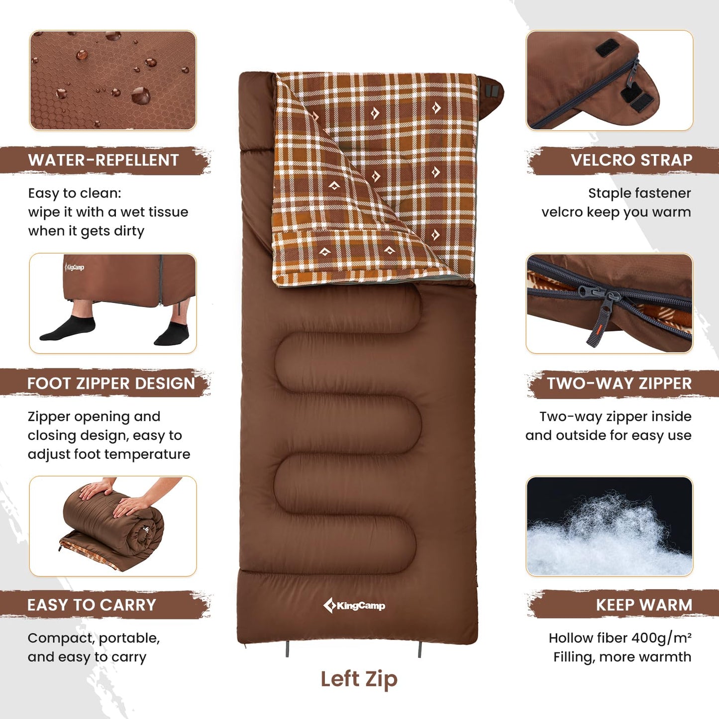 KingCamp Sleeping Bag for Adults, Cold Weather & Warm XL Big and Tall Flannel Sleeping Bags with Compression Sack Portable Waterproof Essentials Gear Accessories for Outdoor Camping (Coffee Left)