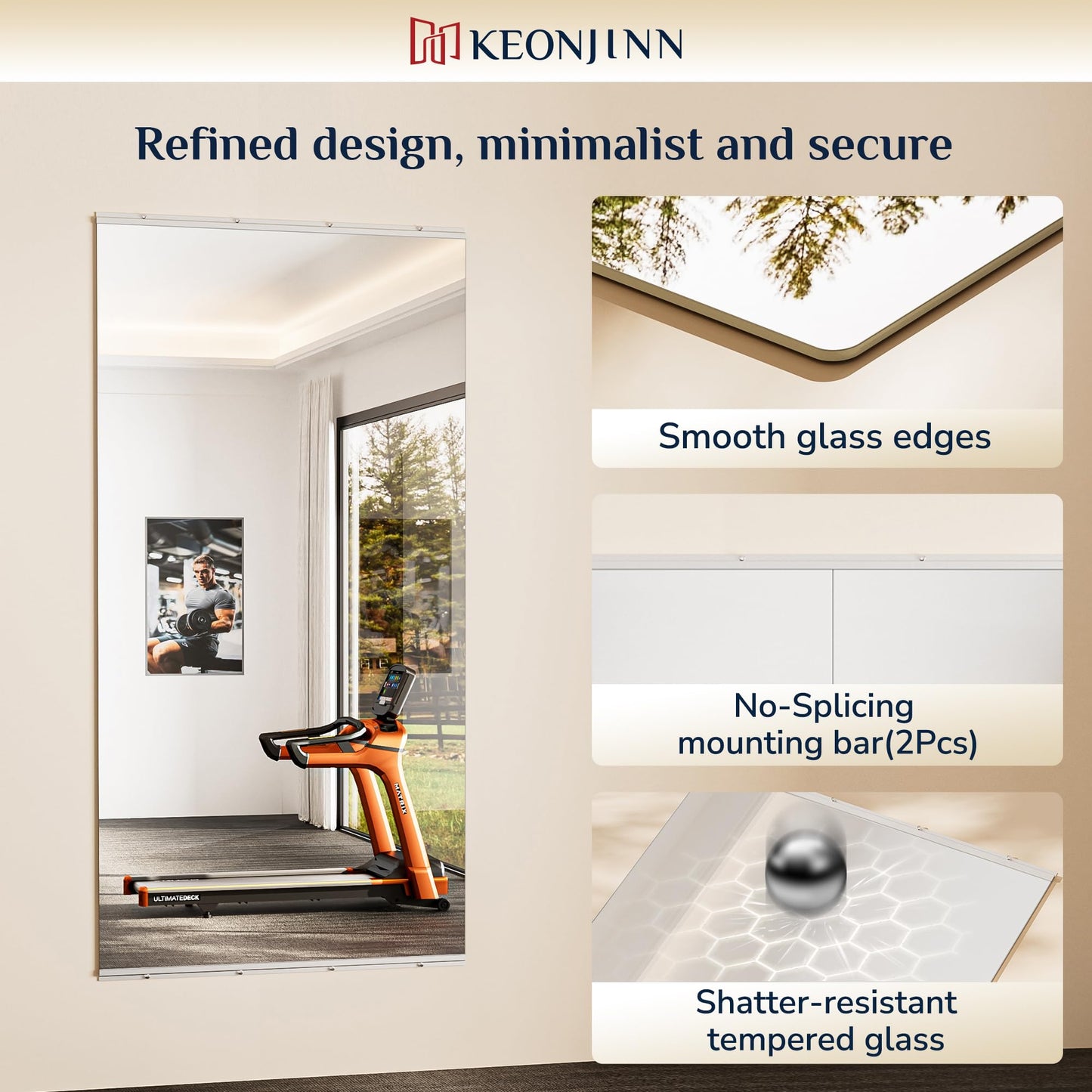 Keonjinn Home Gym Mirror, 72" x 30" Workout Mirrors for Home Gym, Frameless Tempered Glass, Full Body Wall Mirrors for Fitness Exercise, Yoga Room, Dance Studio, Garage
