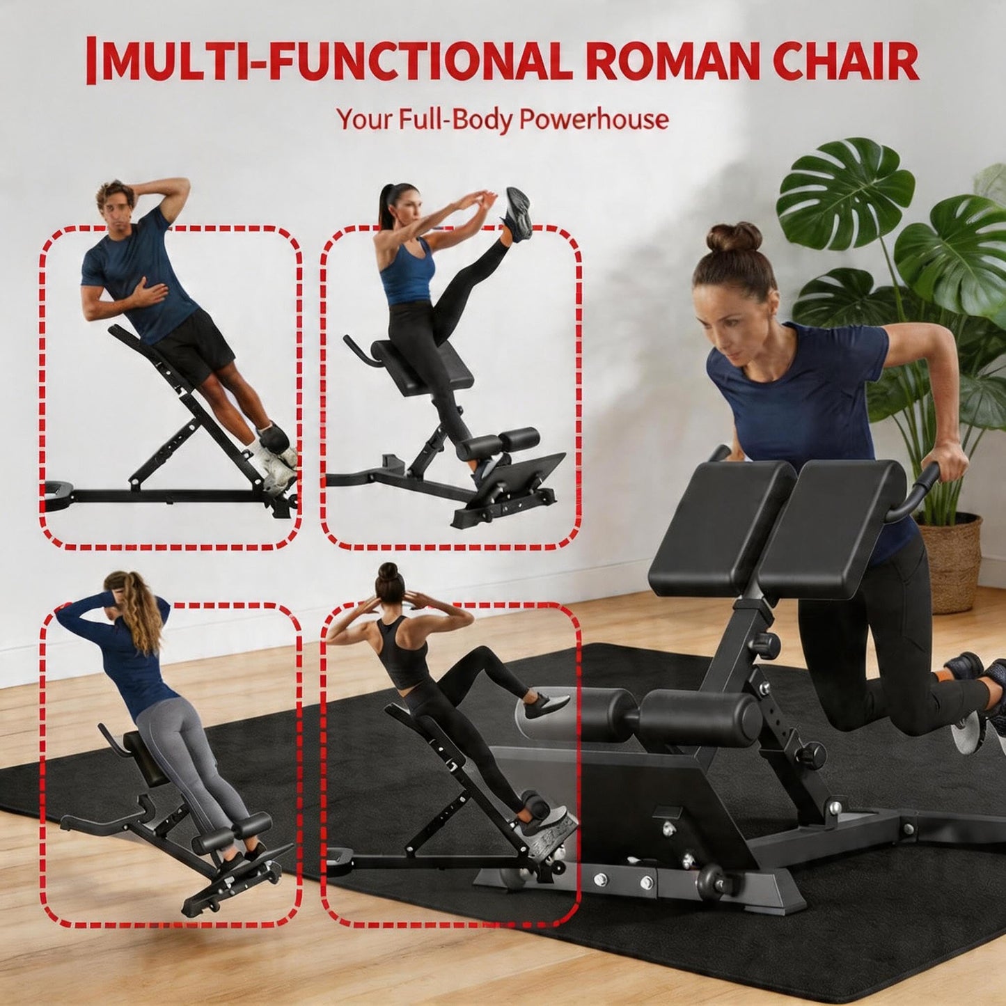 Foldable Roman Chair with Wheels - 6 Height & 5 Angle Adjustable Hyperextension Bench for Glutes and Core - Multi-Function Back Exercise Machine, 300 Lbs Capacity