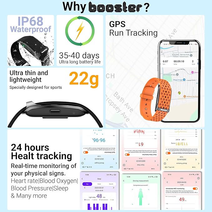 Booster Smart Bracelet, Wearable Activity & Fitness Tracker Band, 24H Sleep Tracker, All-Day Continuous Heart Rate Blood Pressure Stress HRV Monitor, 120+ Sport Modes Smart Wristband, Silicone Navy