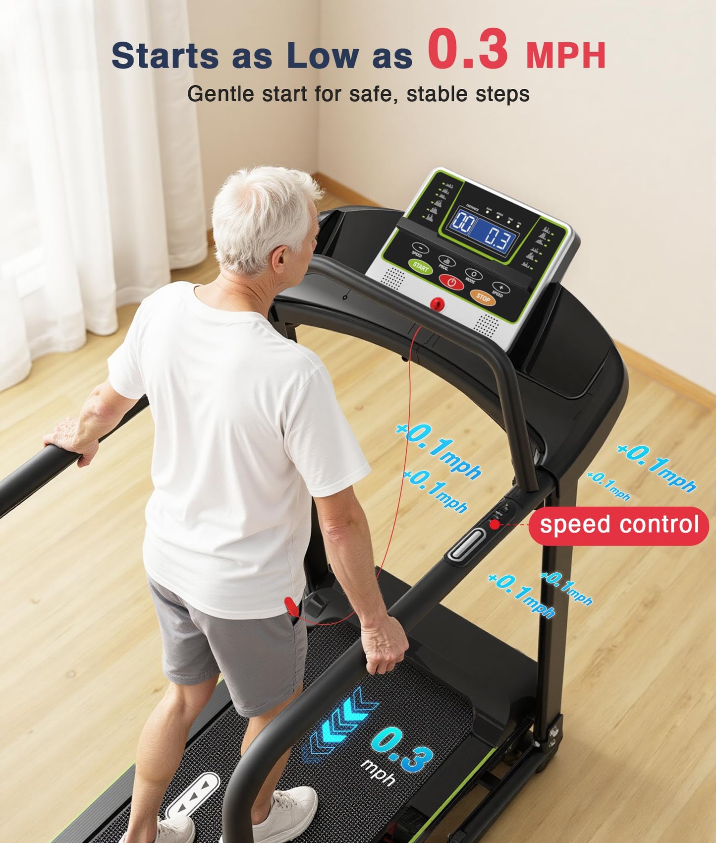 Redliro Treadmill for Seniors Slow Walking - 0.3mph Start, Front & Long Handrails - Foldable Recovery Flat Treadmill for Elderly, Auto Lubrication, 3-Level Incline for Home Use