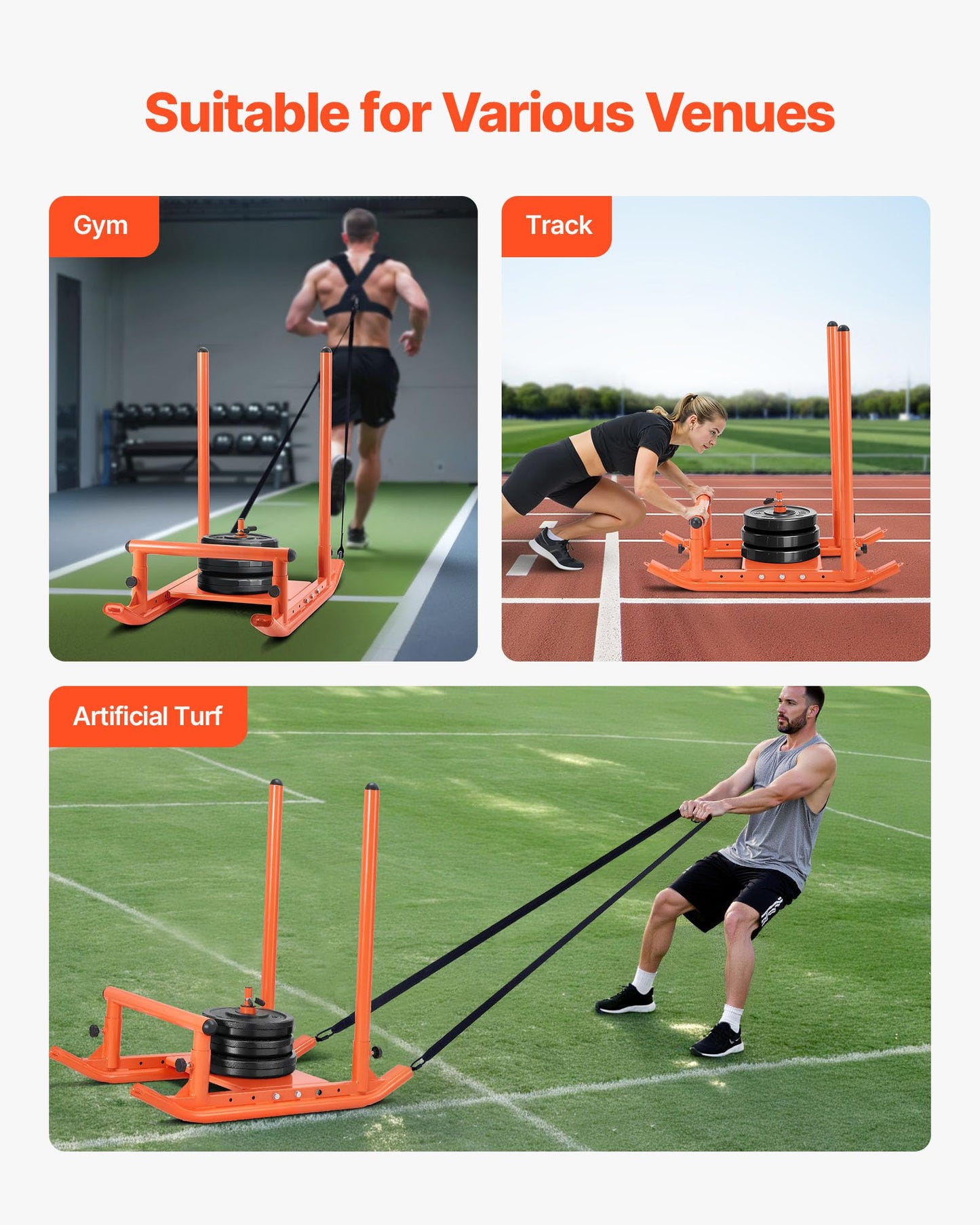 VEVOR Weight Sled, Fitness Strength Training Pull Push Running Sled, Fitness Workout Sled Push Gym Equipment, with Handle, Compatible 1/2 in Weight Plates, Orange, Football Sleds and Chutes