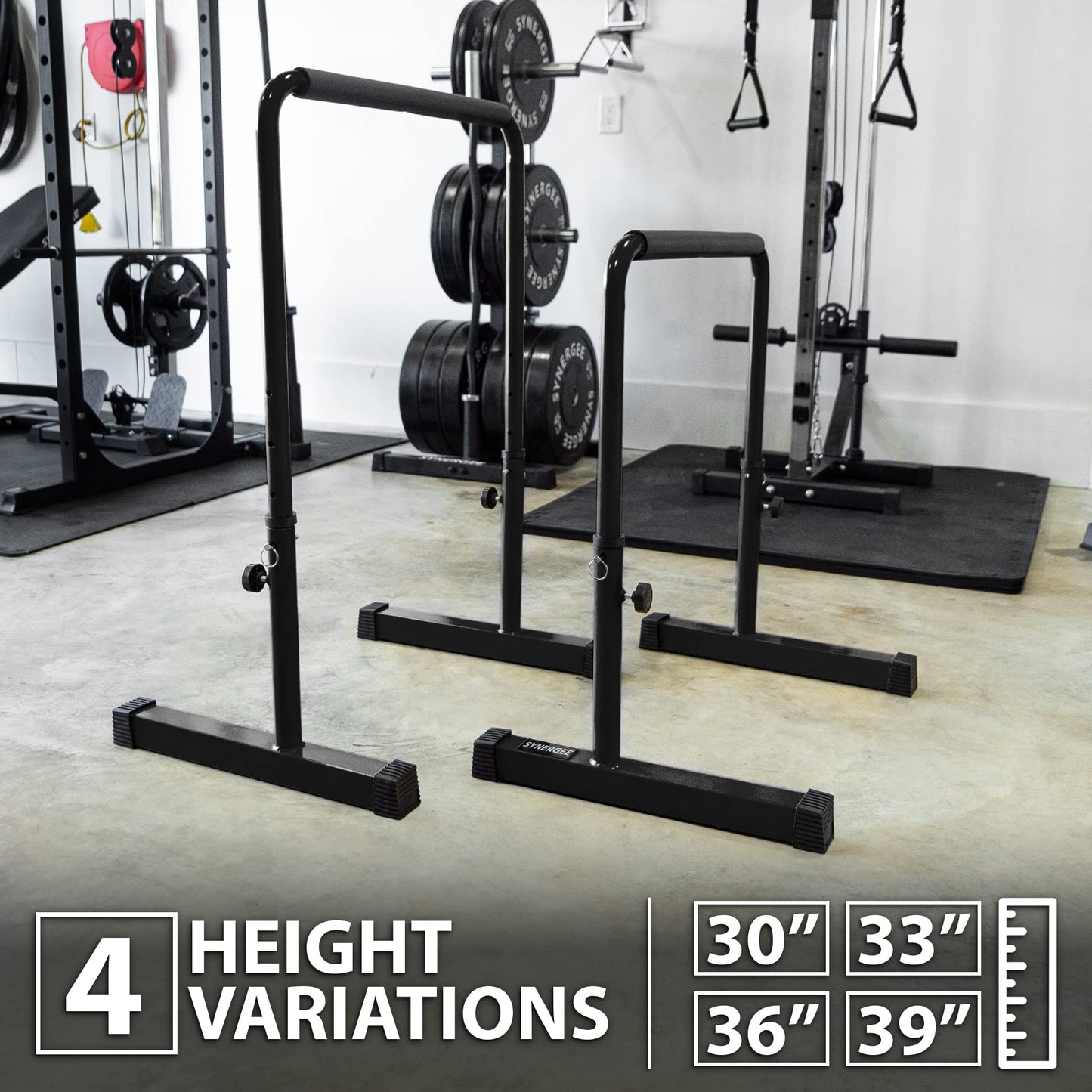 Synergee Dip Bar Black. Adjustable Dip Station from 30” – 39” for Dips, Inverted Pull Ups. Max capacity 400 lbs. Portable Dip Stand for Total Body Workout.