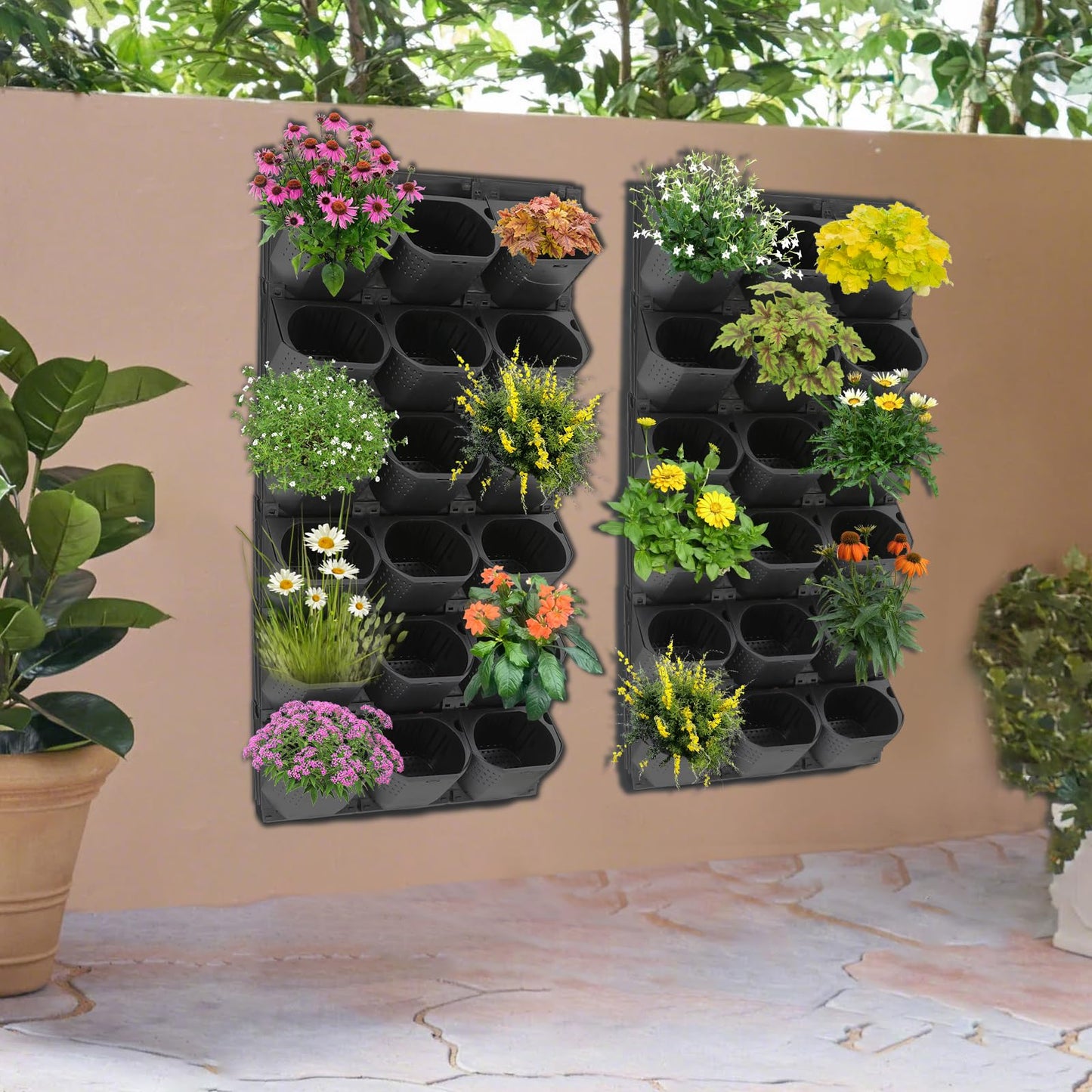 Eapmic Vertical Wall Planter with 36 Pots, Hanging Garden Plant Flowerpot Holder, Stackable Wall-Mounted Planter, Balcony Planters for Flowers Vegetables Fruits (Black, 36 Pots)