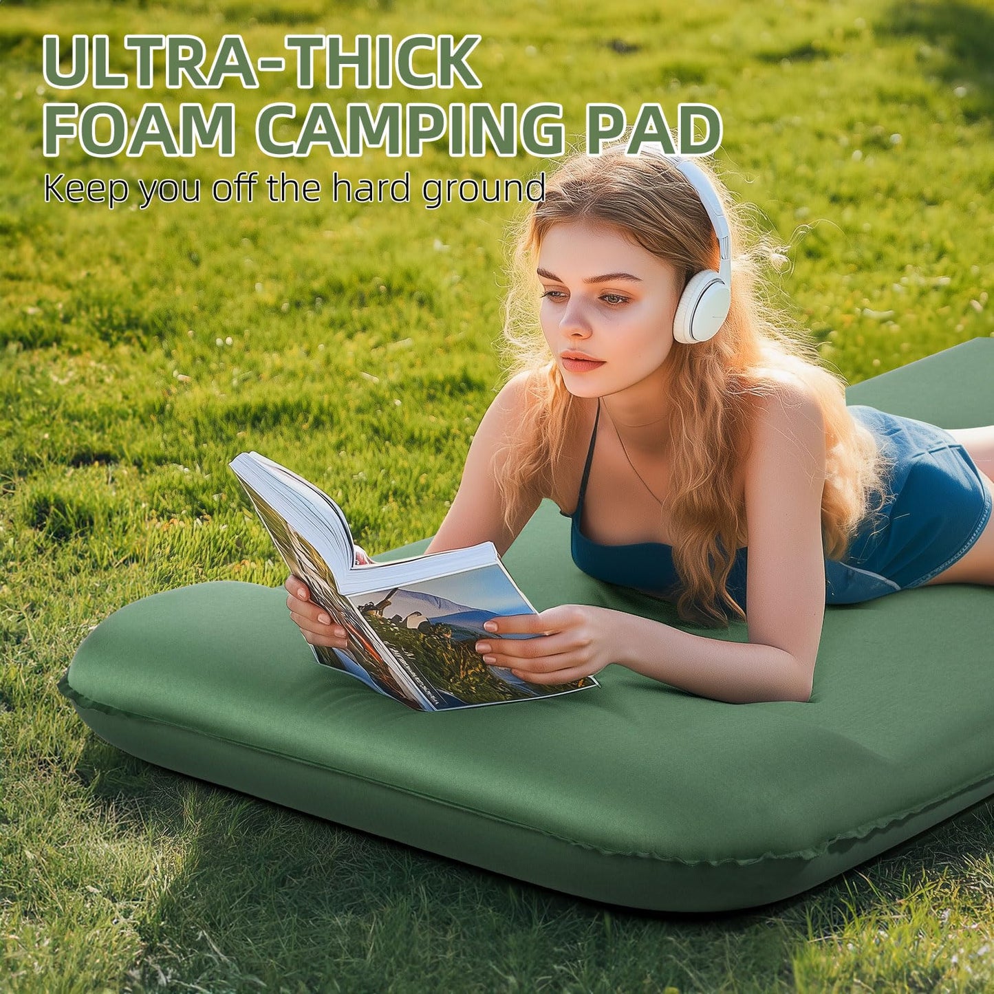 Wevelel Memory Sleeping Pad, 3.1" Ultra-Thick Foam Sleeping Mats for Camping, Easy Inflate&Deflate,9.5 R-Value Insulated Camping Mattress Pad with Pillow, for Car Travel Tent