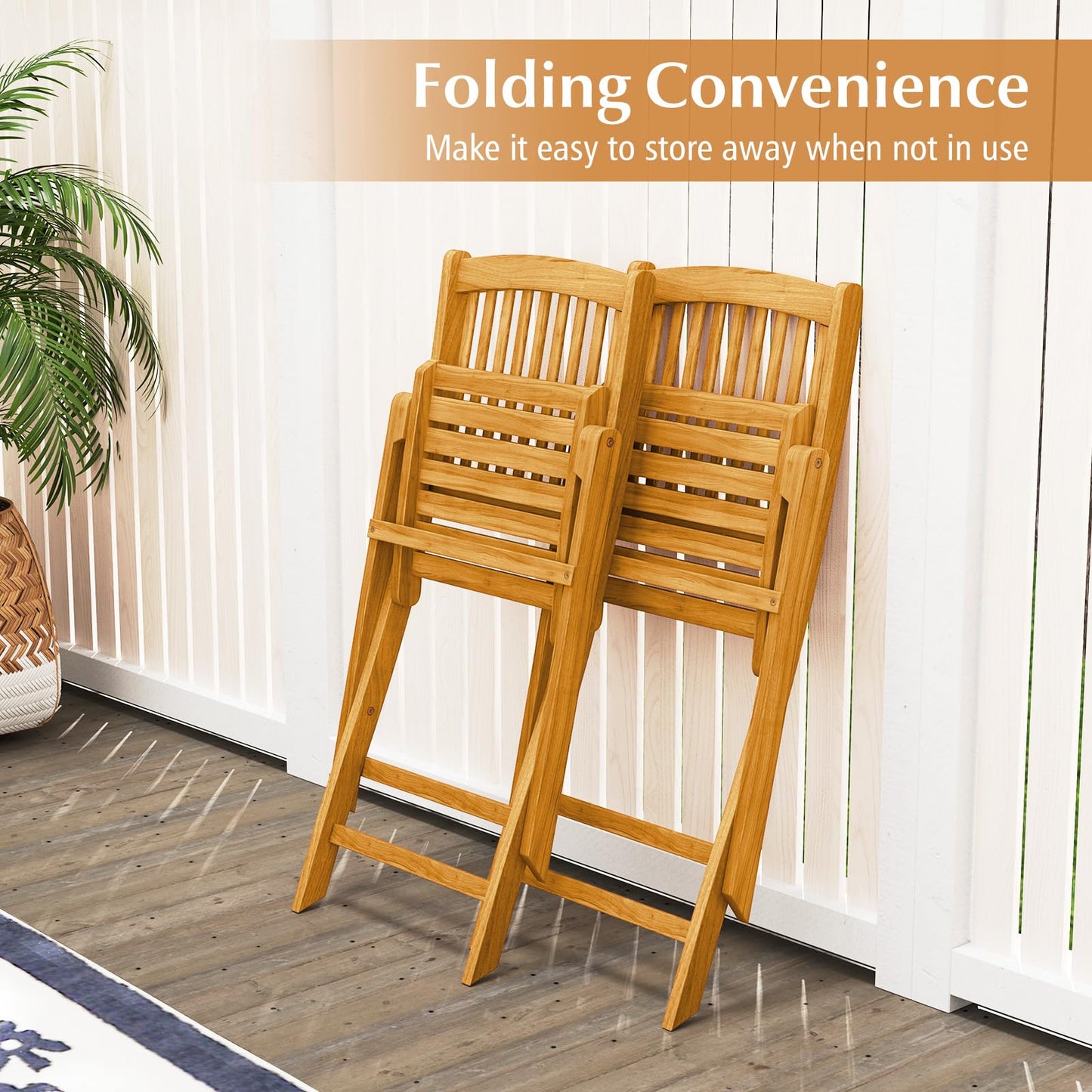 Tangkula 2 Pieces Folding Outdoor Dining Chairs, Acacia Wood Patio Chairs with Soft Cushions, Slatted Backrests and Seats, Outdoor Chairs for Porch, Balcony, Deck and Yard (One-Size,Beige,2)