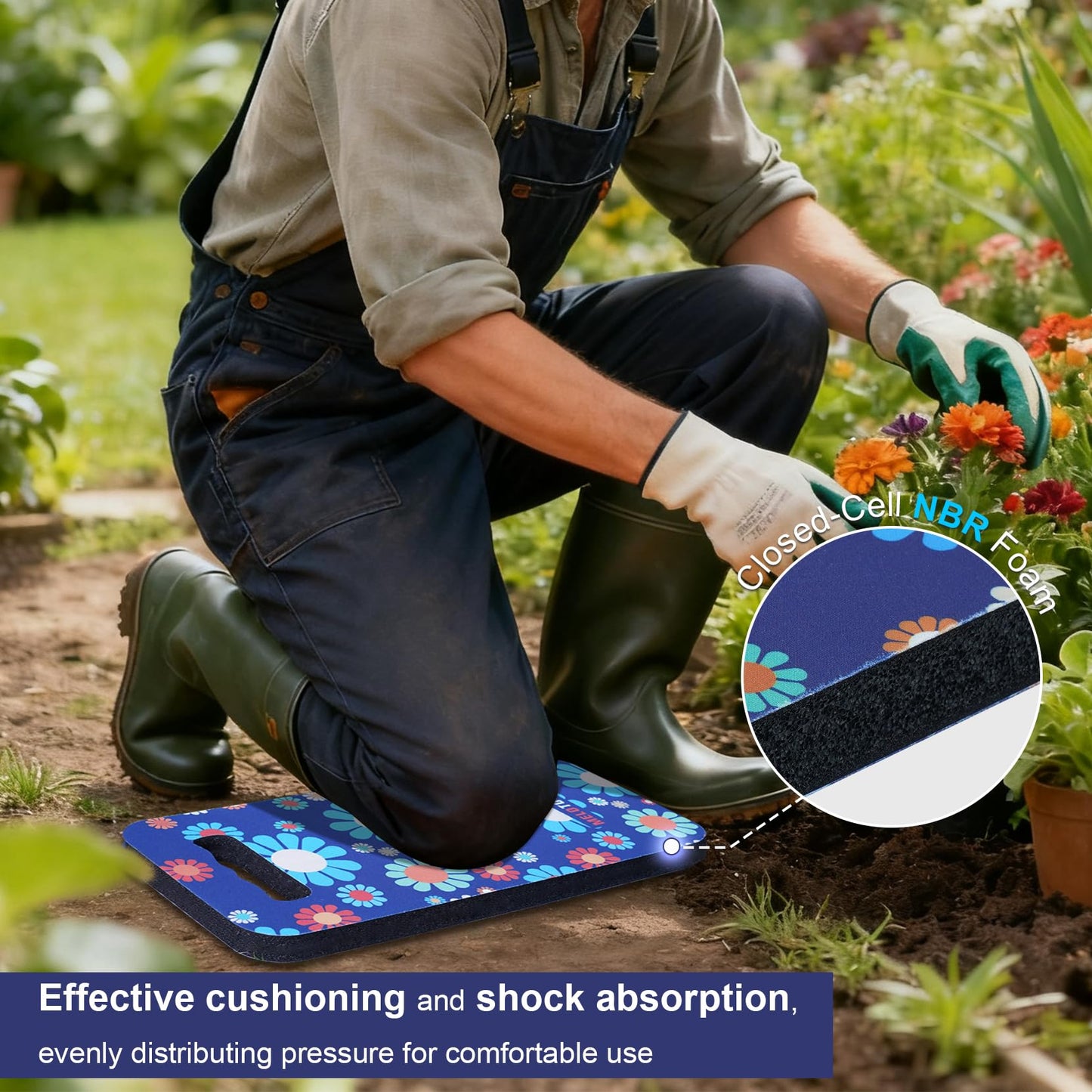 MELOTOUGH Garden Kneeling Pad, 1" Thick Soft NBR Foam Kneeling Pads for Gardening, Cleaning, Work - Lightweight & Comfortable, 15.75"x7.2" (Blue Flower)