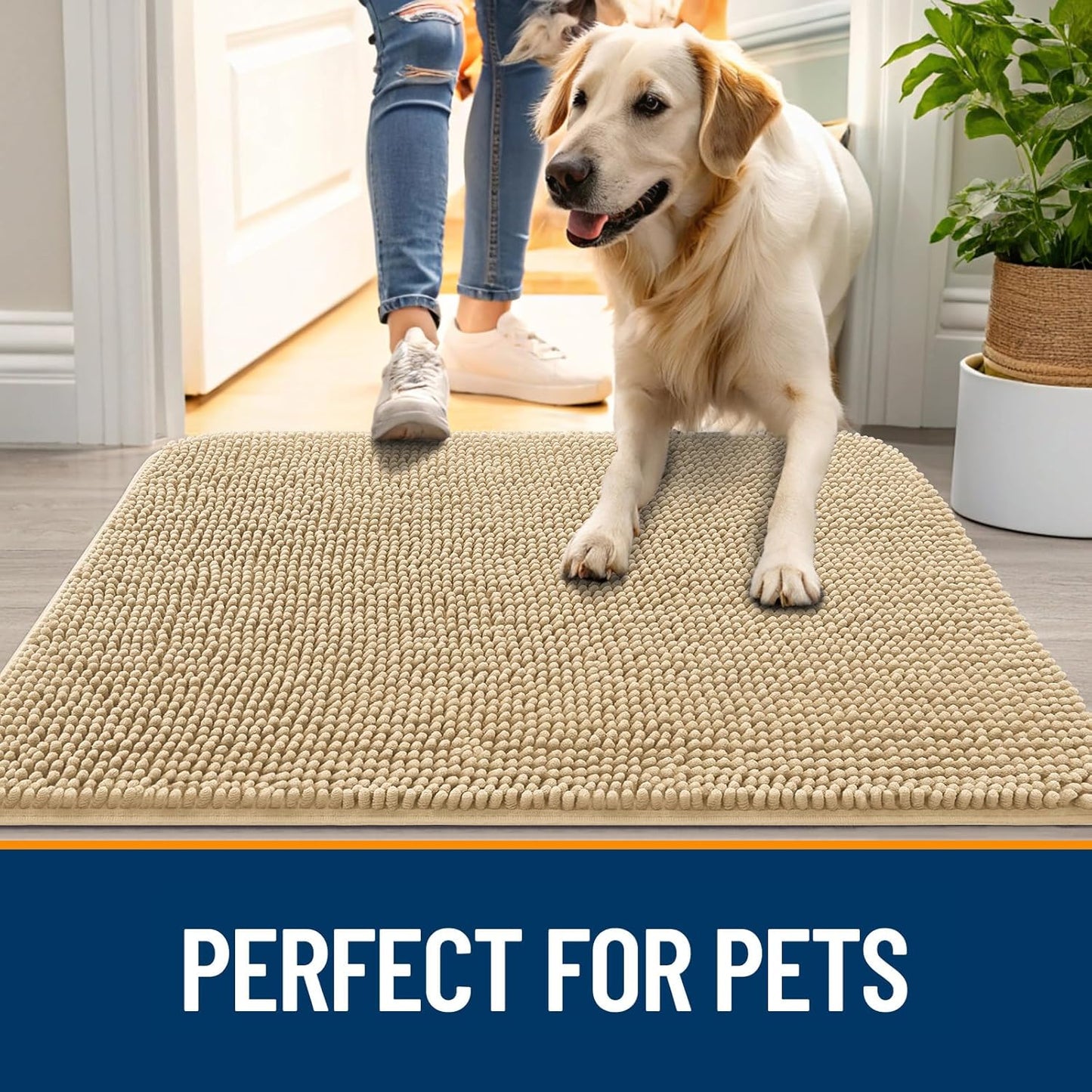 OLANLY Dog Door Mat - Absorbent Non-Slip Chenille Mat for Muddy Paws | Quick Dry 50x30 Beige