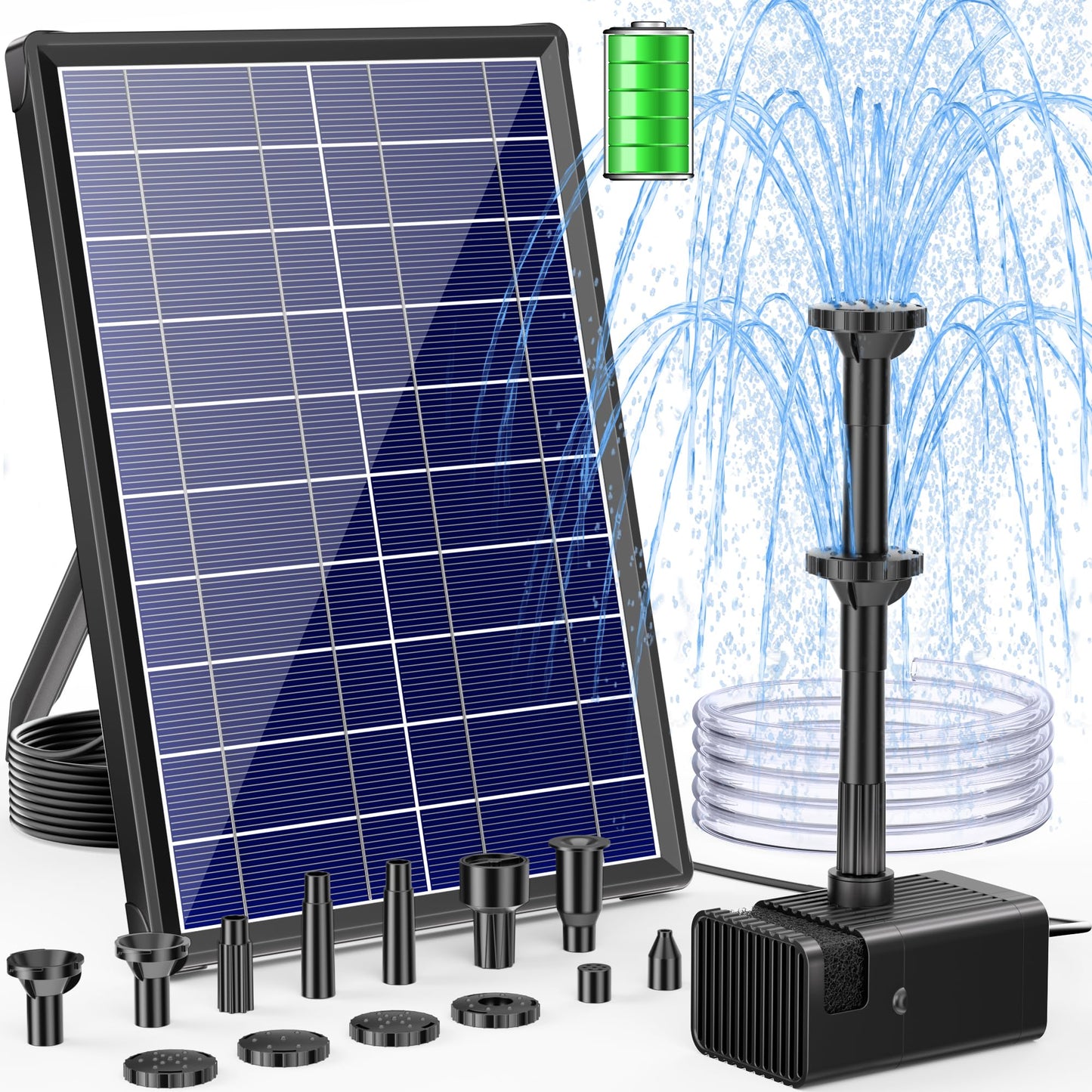 POPOSOAP Solar Fountain Pump with 3600mAh Battery Backup, 8W Solar Powered Bird Bath Fountain with Dry-run Protection & Double-layer Nozzles 5Ft Tubing for Pond, Bird Bath, Backyard Water Feature