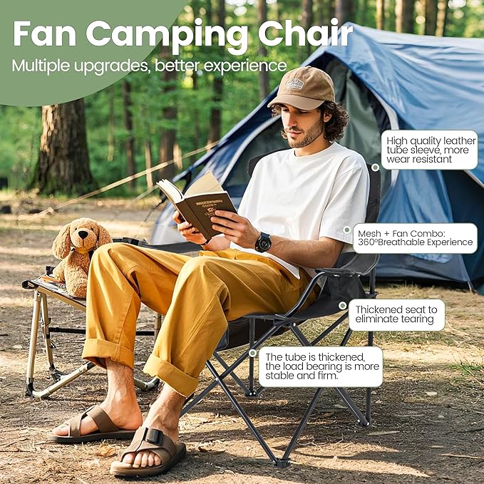 2 Pack Camping Chairs with Fan, Lightweight Camp Chair 300LBS Portable Foldable Chairs for Adults & Teens, Compact with Carry Bag for Camping, Beach, Picnics, Outdoor