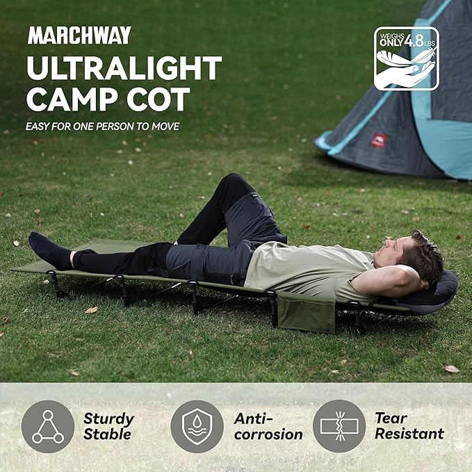 MARCHWAY Ultralight Folding Tent Camping Cot Bed, Portable Compact for Outdoor Travel, Base Camp, Hiking, Mountaineering, Lightweight Backpacking (Army Green)