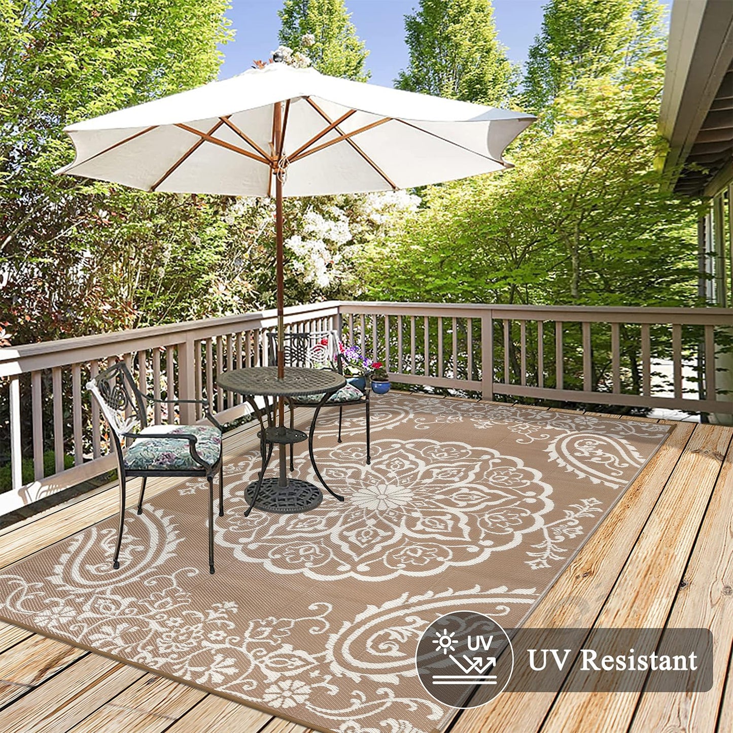 Pauwer Waterproof Outdoor Rug 5x8, Reversible Plastic Straw Patio Camping Rug, Indoor Outdoor RV Mat Carpet for Deck, Camper, Porch, Balcony, Backyard, Picnic, Boho Brown