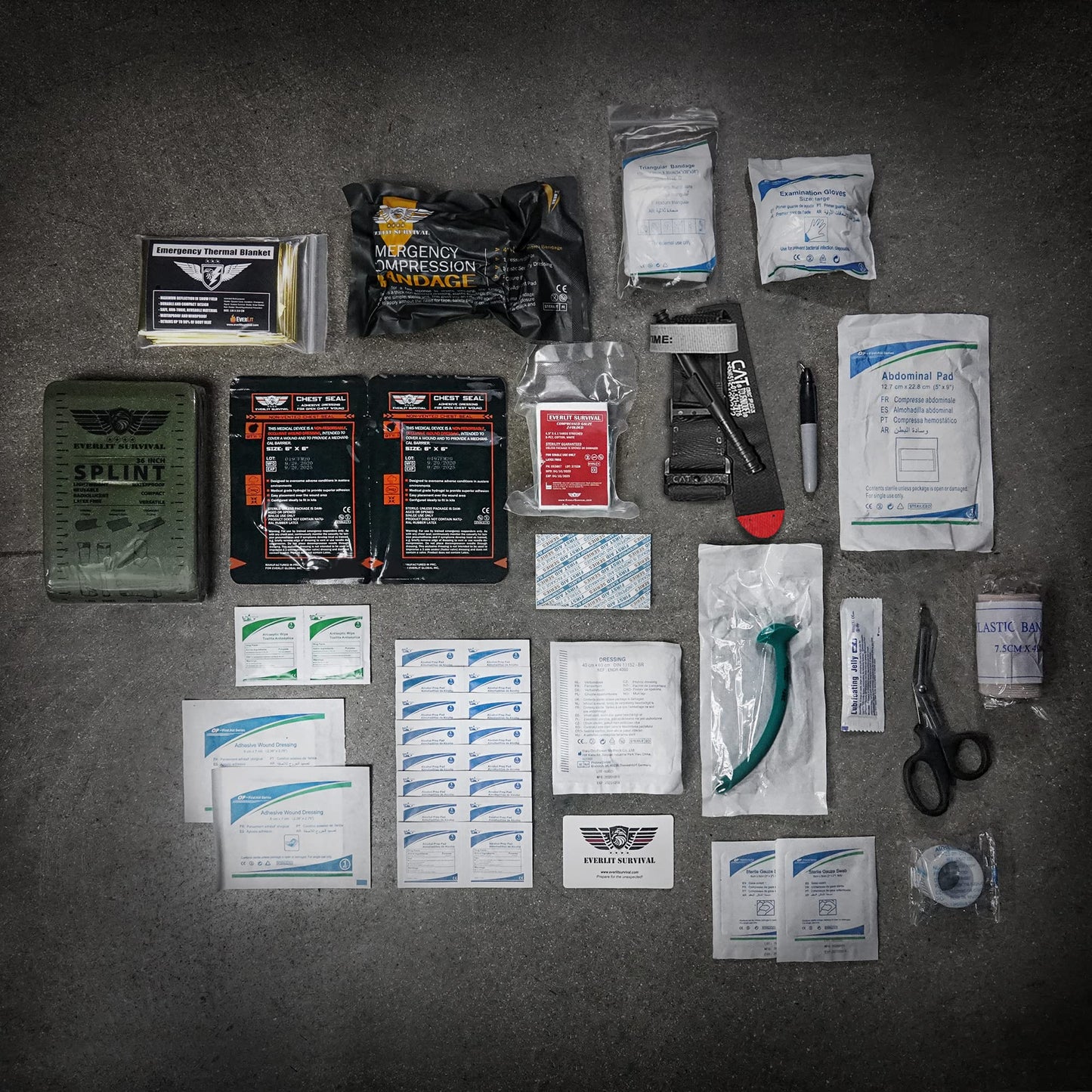 EVERLIT Advanced Emergency Trauma Kit, CAT GEN-7 Tourniquet Mil-Spec Nylon Laser Cut Pouch with 36" Splint, Military Combat Tactical IFAK for First Aid Response Bleeding Control (Coyote Brown)