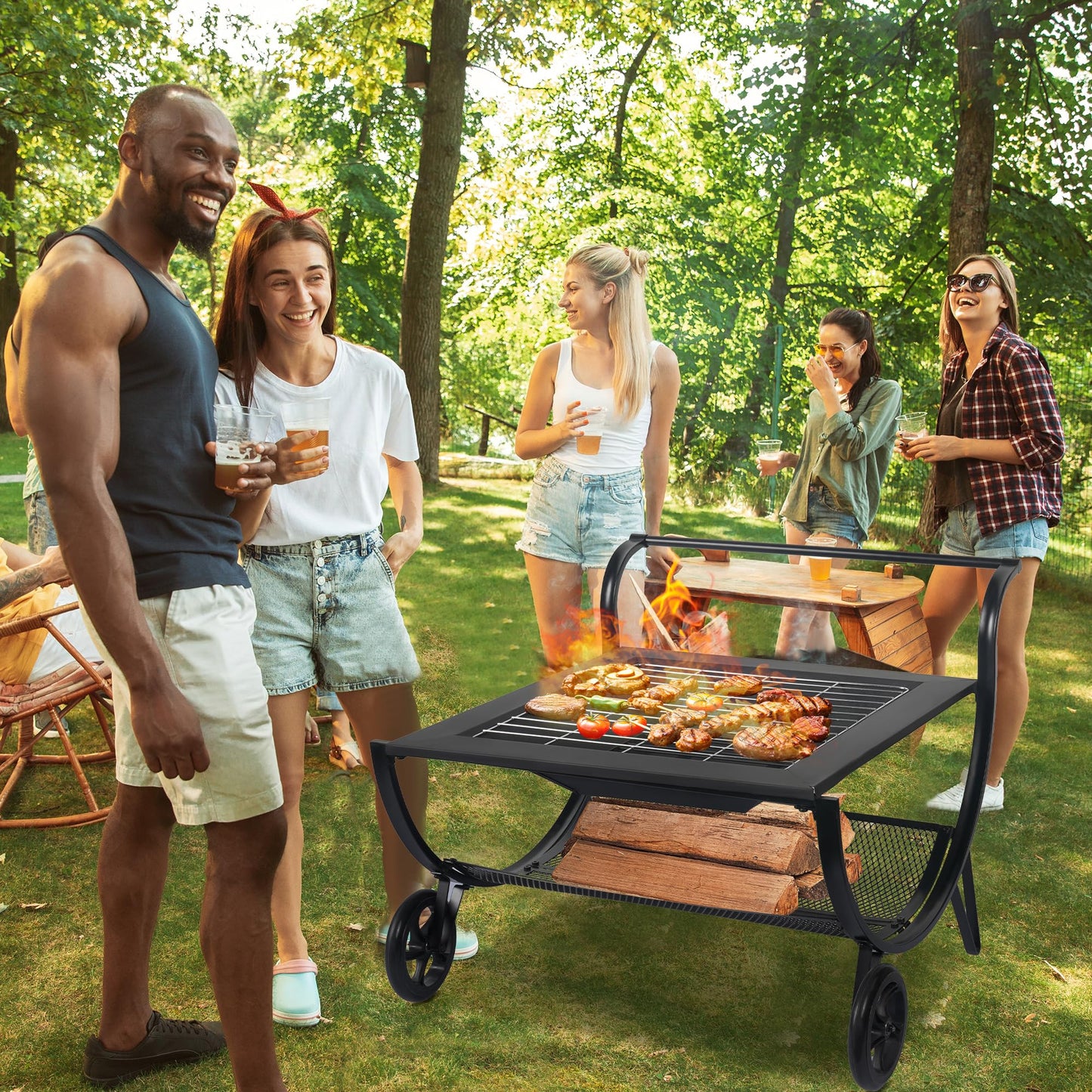 Outdoor Fire Pit with Wheels and Log Rack, Portable Fireplace Wood Burning for Garden, Patio, and Backyard - Includes Mesh Screen and Fire Poker, Fire Pits & Outdoor Fireplaces