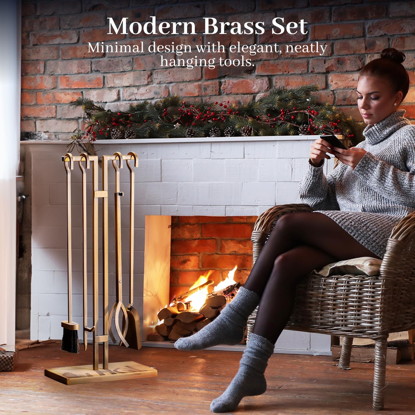 2WAYZ FLAMELY 5-Piece Fireplace Tools Set - Includes Fire Poker, Shovel, Brush, Tongs, Stand - Heavy-Duty Fireplace Accessories and Fire Tools for Indoor or Outdoor Use