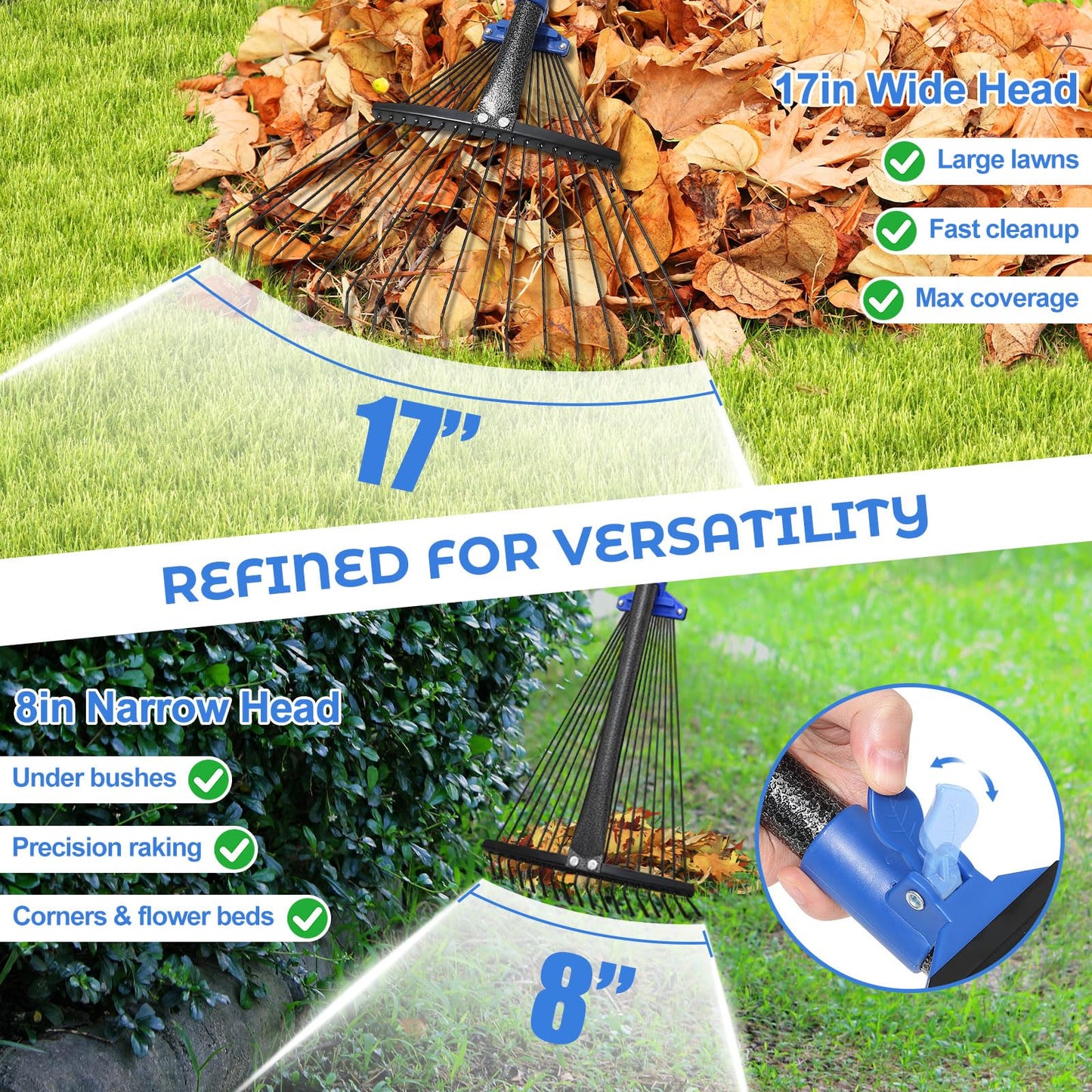 Heavy Duty Garden Leaf Rake-Adjustable Metal Rake with 8-17" Expandable Head,Yard Rakes for Leaves,Grass,Lawns,Shrubs,Flower Beds,Camping,Outdoor Cleanup,Ideal for Women & Kids