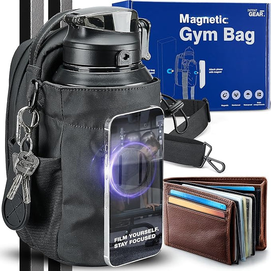 Magnetic Gym Bag with Magnetic Phone Holder for Gym Members - Strong Magnet Attaches to Gym Equipment - Holds Water Bottle, Smartphone & Gear - Gym Must Haves for Influencer Videos
