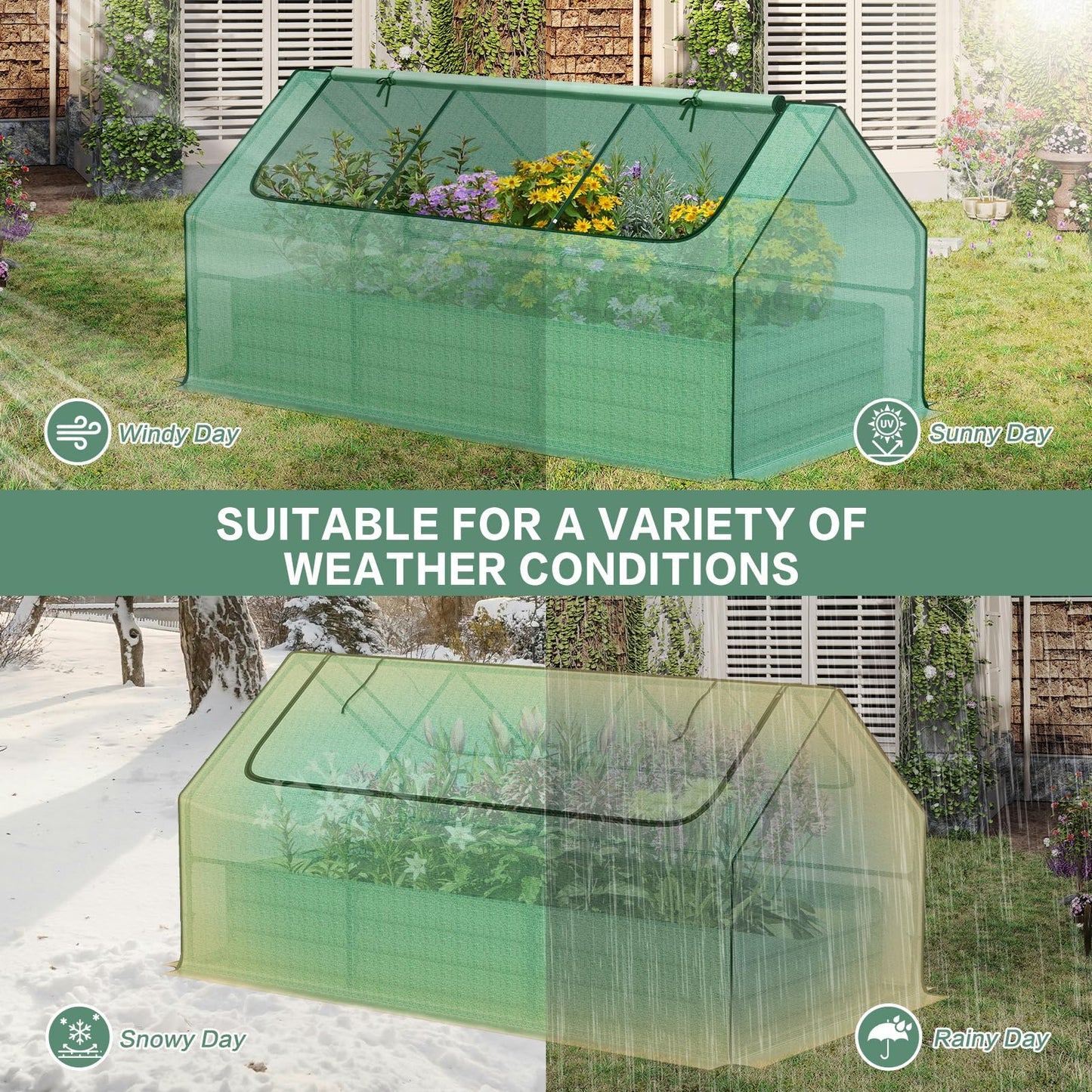 Aoodor 6 x 3 x 3 ft Raised Garden Bed with Mini Greenhouse Kit, Metal Planter Box with 2 Roll-Up Zipper Doors for Vegetables, Herbs, and Flowers