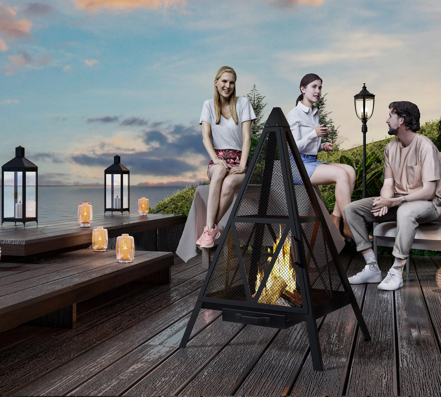 Kingson Pyramid Fire Pit, Heavy-Duty Steel Smokeless Wood Burning Fire Bowl for Outdoor Patio Garden Backyard, Bohemian & Meditation Decor