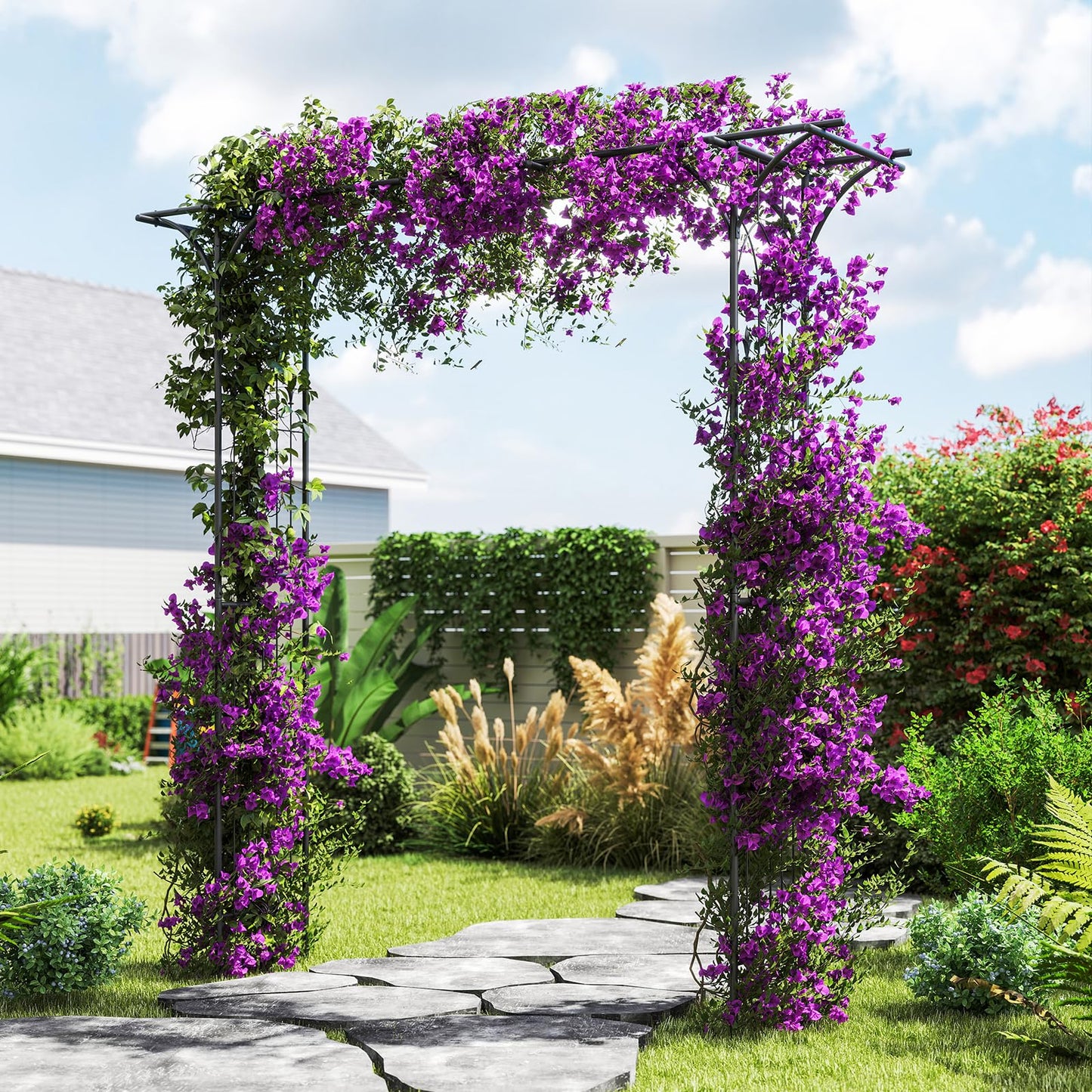 Giantex Metal Garden Arbor with Trellis, 81" Outdoor Arch for Climbing Plants, Heavy-Duty Rust-Resistant Steel Archway with 4 Stakes for Garden, Wedding, Party, and Yard Decoration, Black