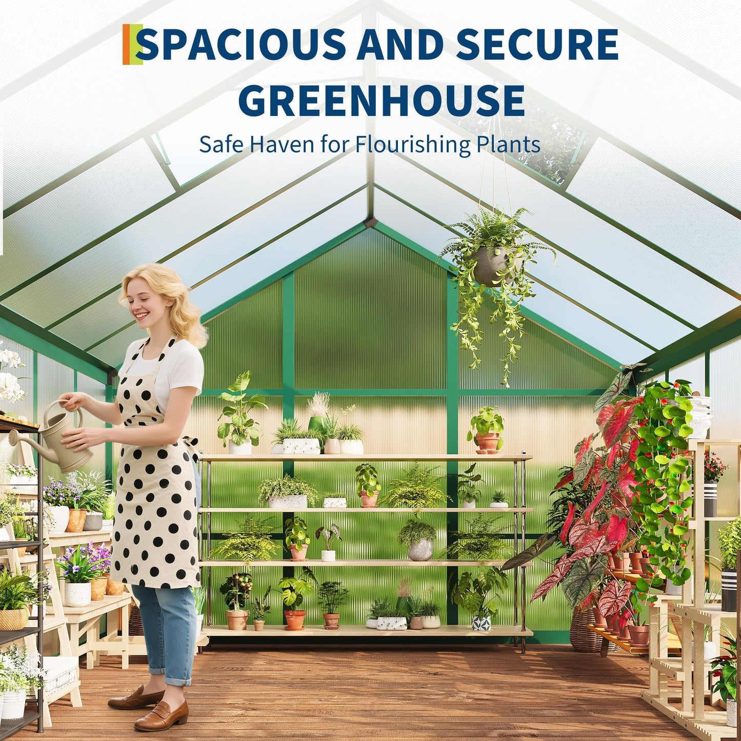 8 x 12 FT Greenhouse, Outdoor Sliding Door, Polycarbonate Greenhouse with Aluminum Frame, Lockable Door and Ajustable Roof Vent for Backyard, Outside Garden Backyard, Patio, Green