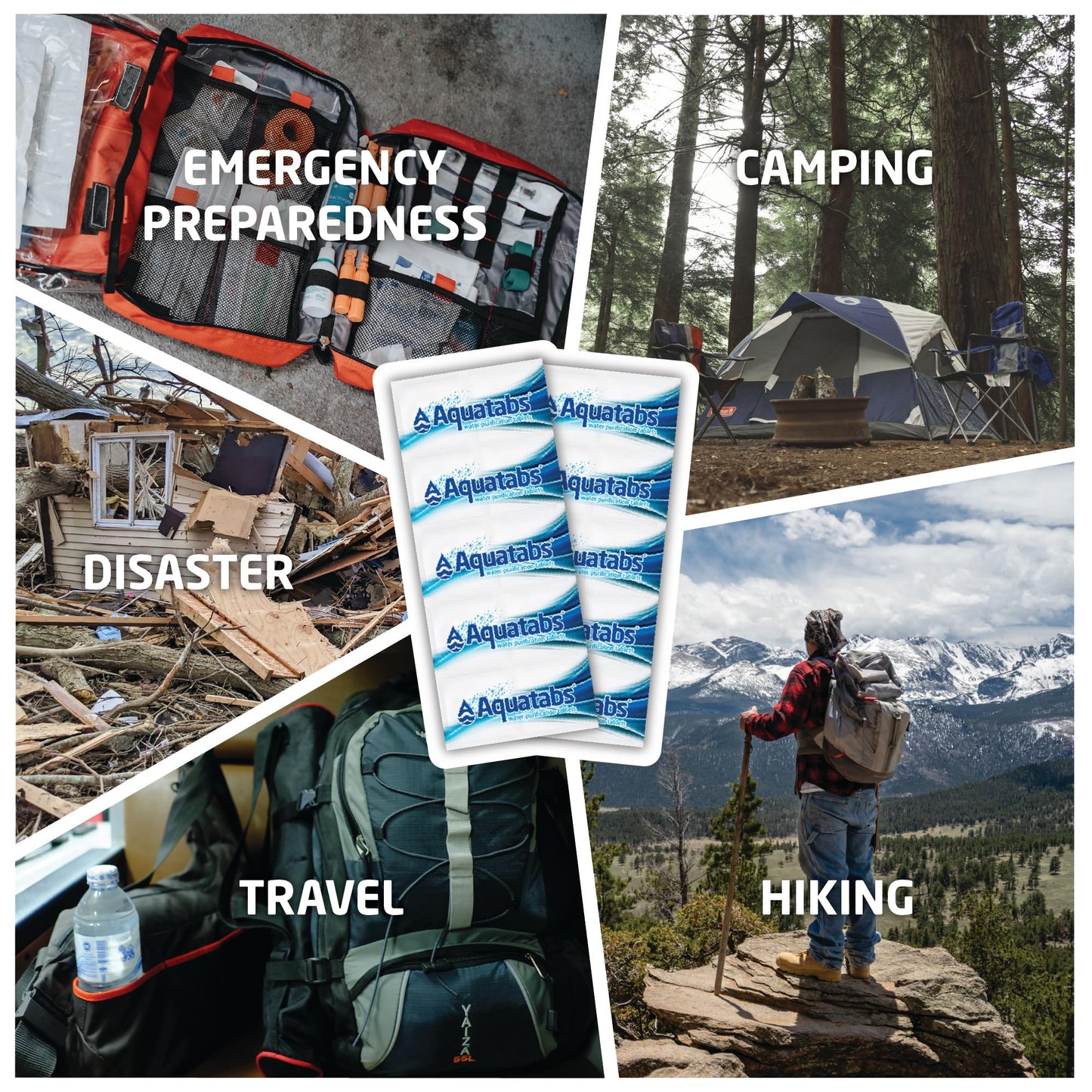 Aquatabs 49mg Water Purification Tablets (100 Pack). Water Filtration System for Hiking, Backpacking, Camping, Emergencies, Survival, and Home-Use. Easy to Use Treatment and Disinfection.