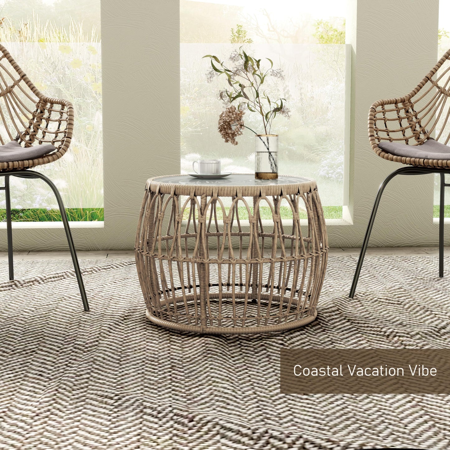 Furniture of America Ysar Boho Rattan Round Coffee Table Outdoor with 5mm Tempered Glass Top, All-Weather and Rust Resistant Patio Furniture