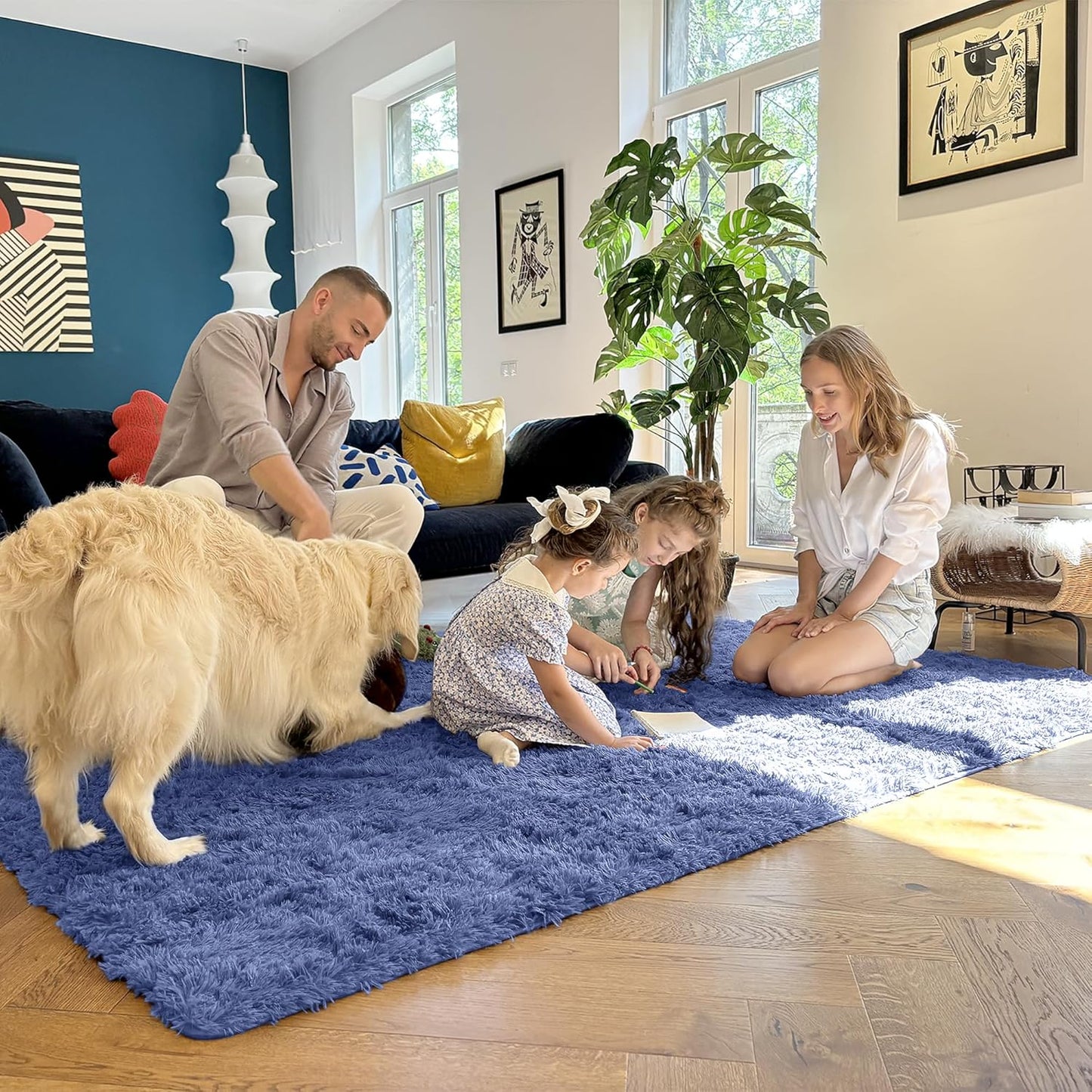 OLANLY Large Area Rug - Soft Fluffy Shaggy Carpet for Living Room & Bedroom | Denim Blue, 5x8 ft
