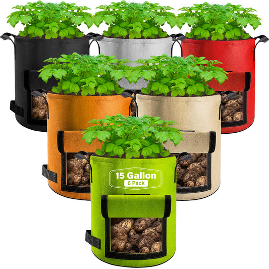 Suntee 6 Pack 15 Gallon Potato Grow Bags with Flap, Thickened Nonwoven Fabric Grow Bags for Growing Potatoes, Colorful Plant Grow Bags Pots Gardening Vegetable Potato Growing Bags with Durable Handles