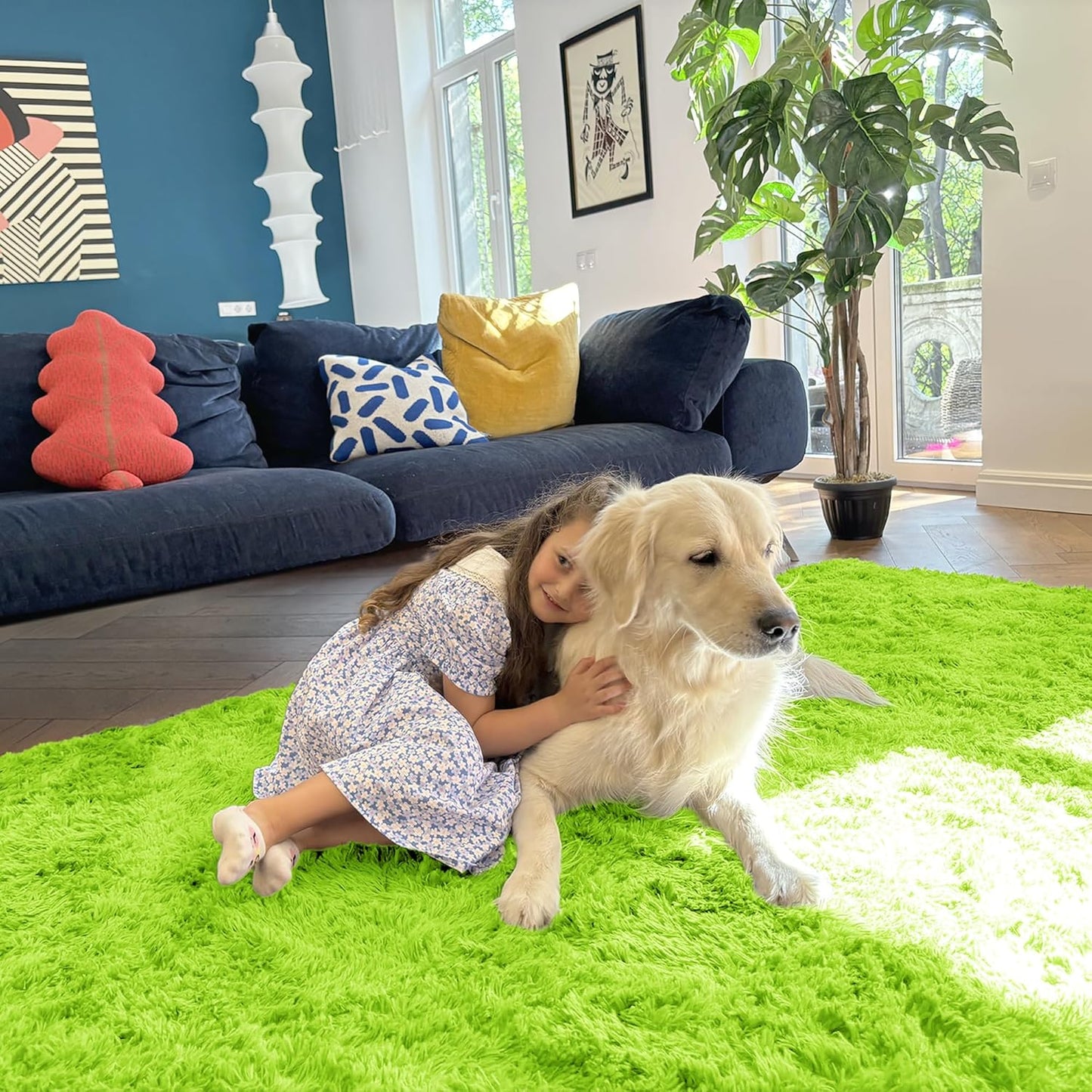 OLANLY 3x5 Machine Washable Bedside Rug - Soft Fluffy Shaggy Carpet for Kids & Nursery | Lime Green