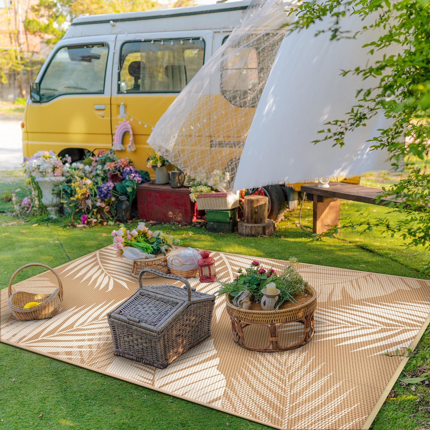 GENIMO Outdoor Rug 9' x 12' Waterproof for Patios Clearance, Reversible Outdoor Plastic Straw Camping Rug Carpet, Large Area Rugs Mats for RV, Camper, Deck, Balcony, Porch, Beach, Picnic, Brown&Beige