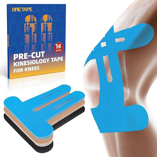 Precut Kinesiology Tape for Knees ??14 PCS Knee Tape for Pain Relief & Support, Elastic Waterproof Sports Tape, Breathable & Latex-Free, Pre Cut Athletic Tape for Workout & Injury Recovery, Blue