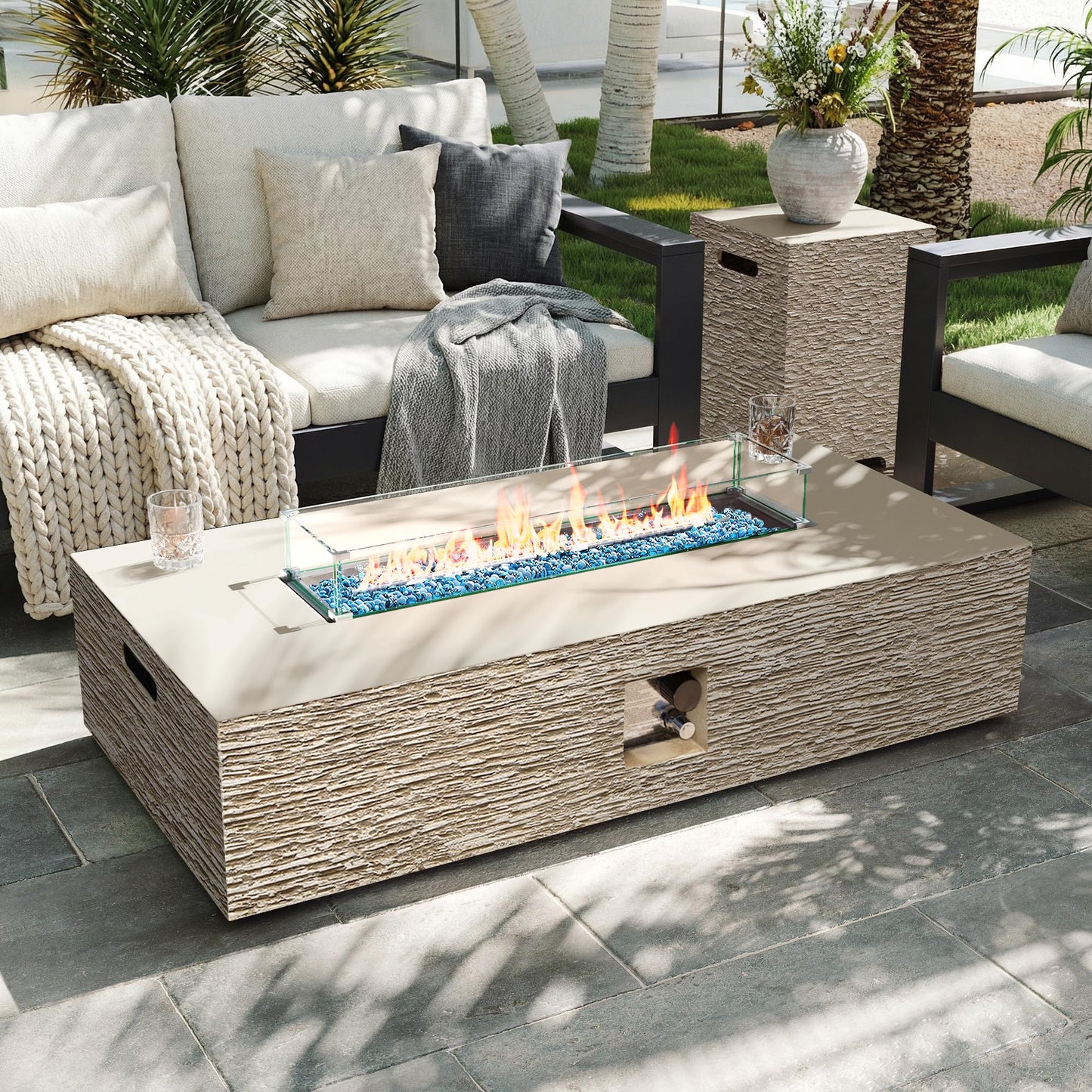UPHA 56-inch Outdoor Propane Gas Fire Pit Table 50000 BTU Concrete Rectangle FirePit for Outside Patio with Propane Tank Cover, Wind Guad, Blue Glass Rocks, Rain Cover, Beige