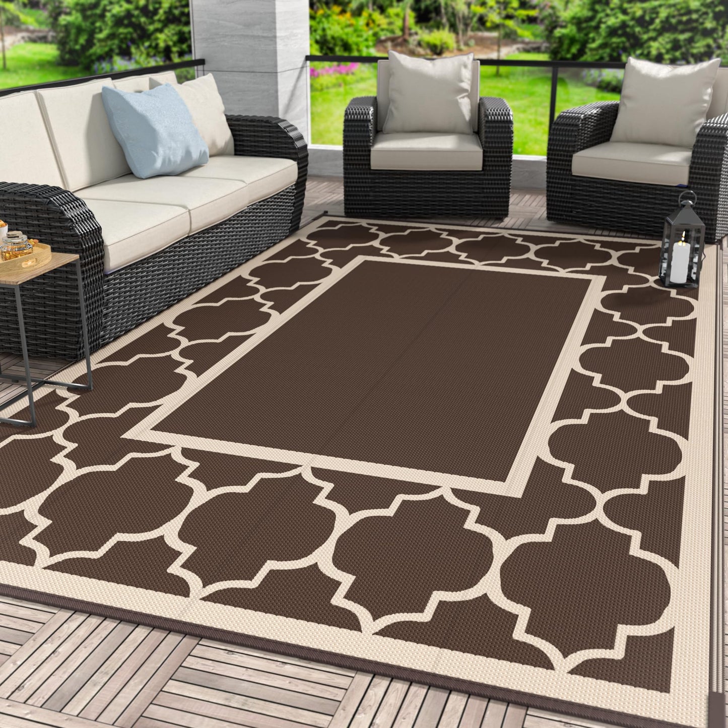 GENIMO Outdoor Rug 8' x 10' Patio Waterproof, Foldable Reversible Plastic Straw Area Rugs Mat for Camper Decor, Outside Carpet for Rv, Deck, Porch, Picnic, Beach, Balcony, Coffee & Beige