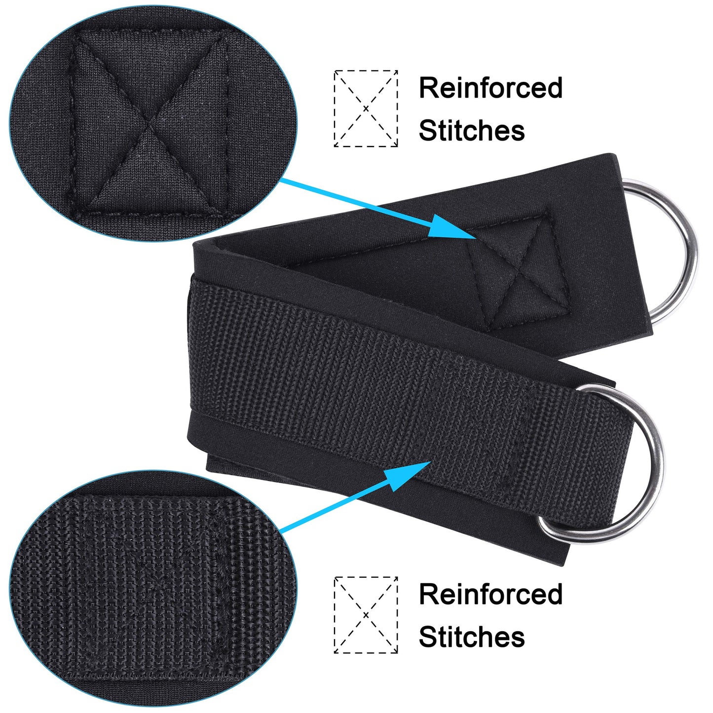 Techion 1 Pair of Fitness Ankle Straps for Cable Machine - Double D-Ring, Adjustable Comfort fit Neoprene - for Men and Women - Black