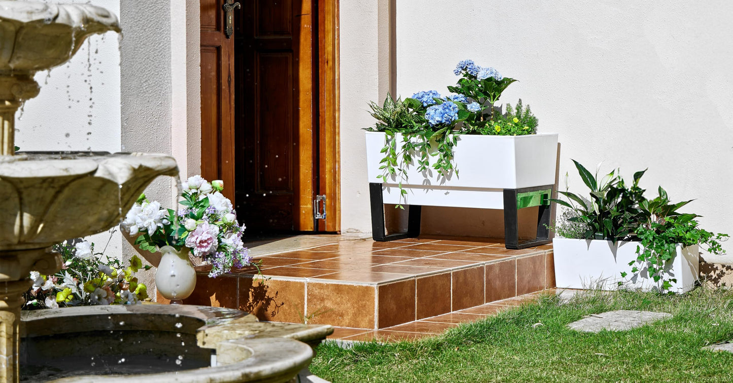 Glowpear Self Watering Planter Box - 29.5", White - UV Stable, Scalable Urban Raised Garden Bed with Water Gauge, Indoor Outdoor for Vegetables, Flowers, Herbs, and Succulents, Gardening