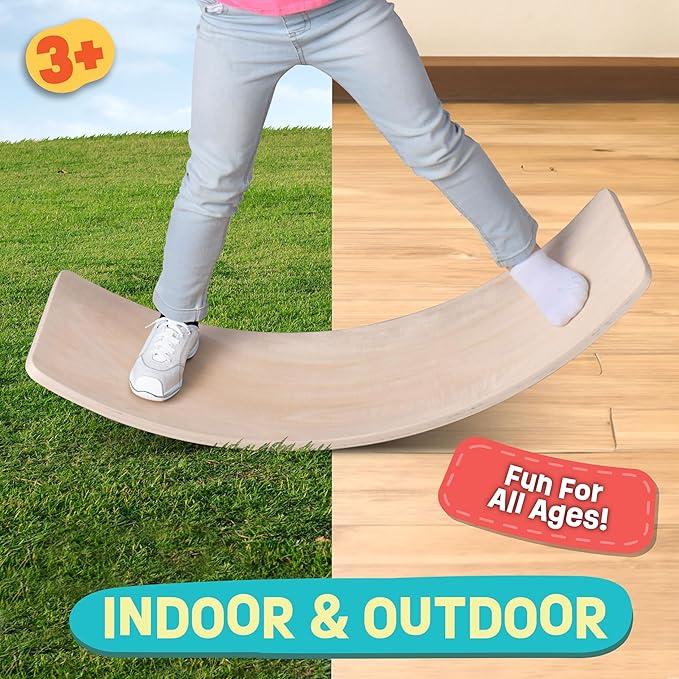 Non Slip Balance Board, 35 Inch Non Slip Felt Rocker Board Durable Wood, Kids Toddler Open Ended Learning Toy, Yoga Curvy Board