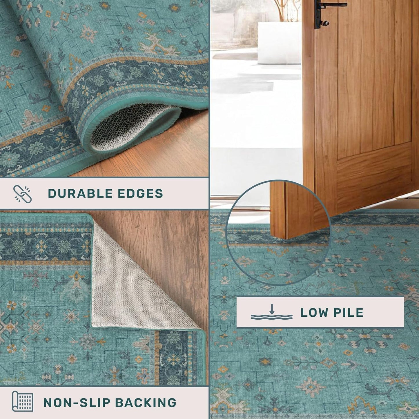 Skiennix Boho Teal 7x9 Soft Rug - Washable Turquoise Vintage Carpet for Living Room & Bedroom