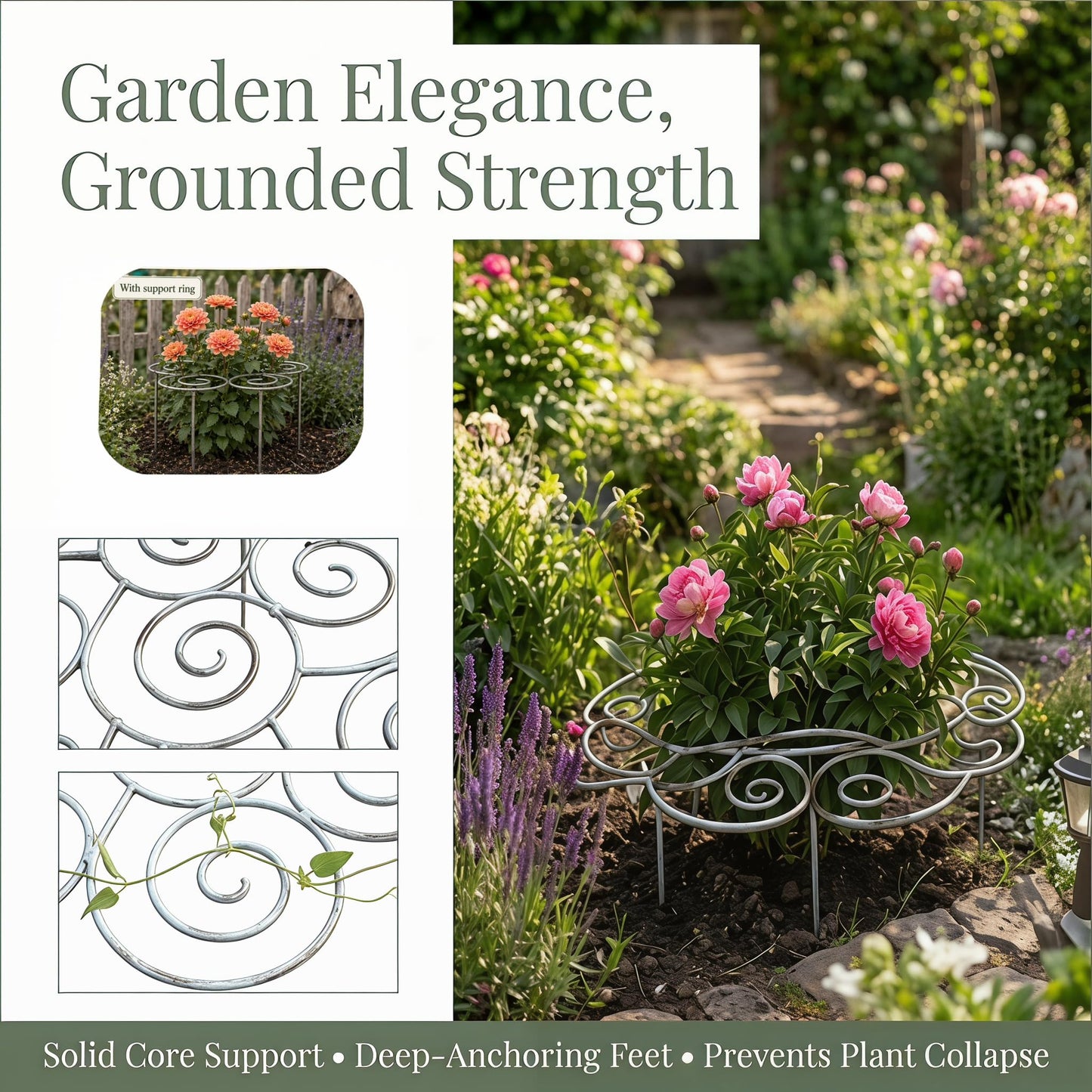 Peony Cages and Supports–Heavy Duty Metal Plant Support Ring for Garden, Grow Through Plant Support Stakes for Roses Hydrangeas, Outdoor Flower Cage with Weather-Resistant Iron Frame (1 pcs Small)