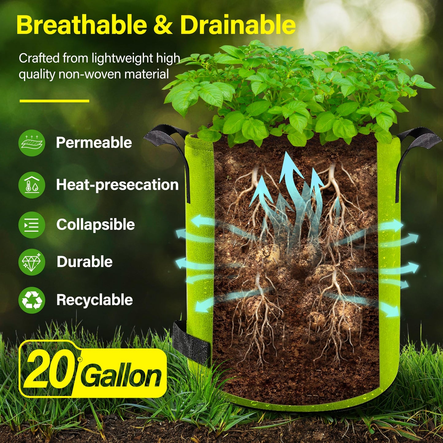 Suntee 6 Pack 20 Gallon Potato Grow Bags with Flap, Thickened Nonwoven Fabric Grow Bags for Growing Potatoes, Colorful Plant Grow Bags Pots Gardening Vegetable Potato Growing Bags with Durable Handles