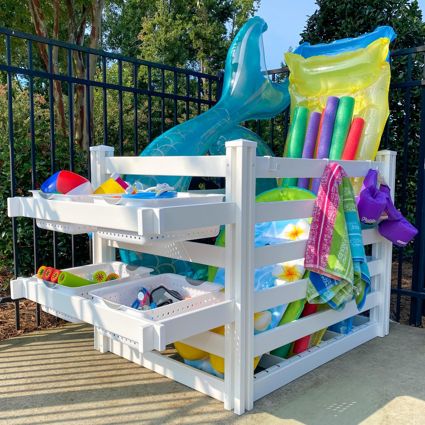 3.1ft H x 5.3ft W x 3ft L (1 Unit) Freestanding Zippity Pool Float Storage Organizer, Vinyl Pool Equipment Enclosure for Outdoor Toy Storage, Outdoor Storage Box & Pool Deck Caddy w/ Dividers, ZP19061