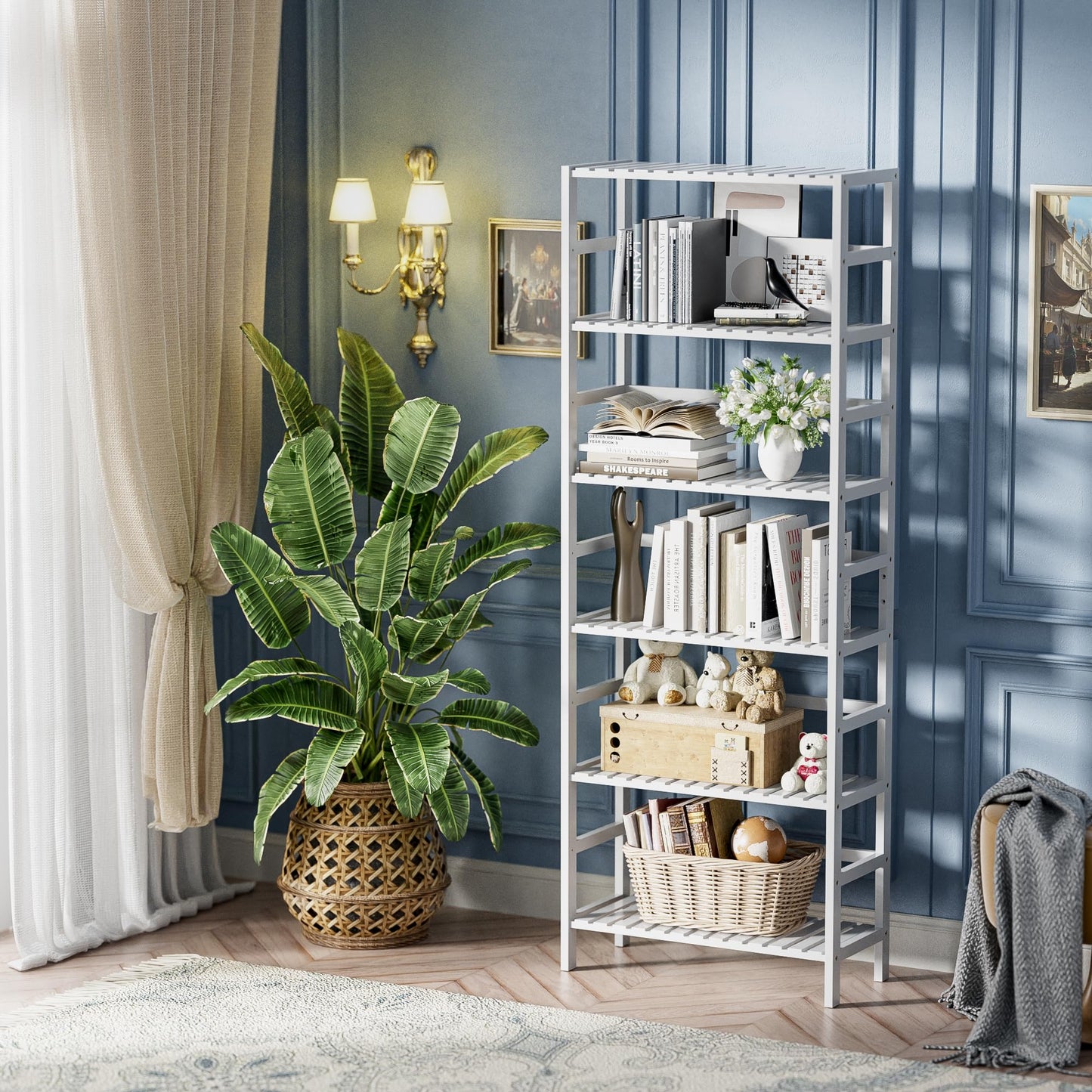 HITNET Bookshelf, 6-Tier Tall Bookcase Freestanding Bamboo Book Shelf Bathroom Storage Organizer with Adjustable Shelves, White