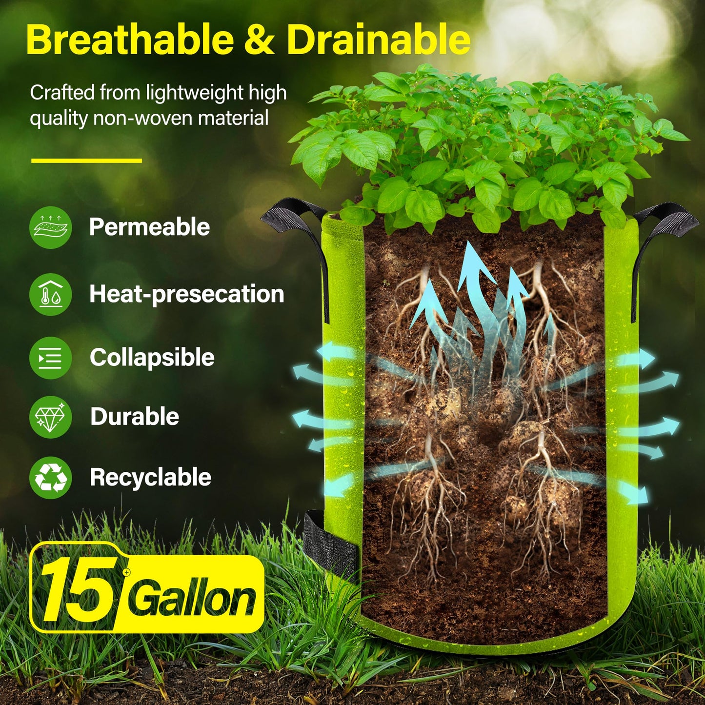 Suntee 6 Pack 15 Gallon Potato Grow Bags with Flap, Thickened Nonwoven Fabric Grow Bags for Growing Potatoes, Colorful Plant Grow Bags Pots Gardening Vegetable Potato Growing Bags with Durable Handles