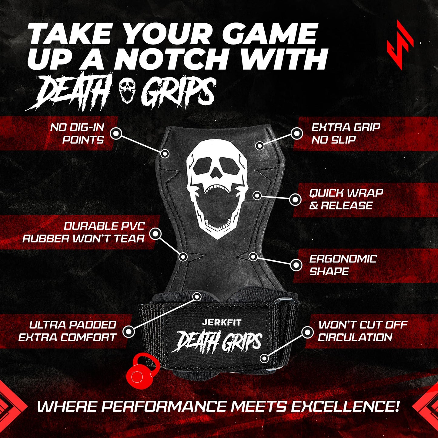 JerkFit Death Grips, Lifting Straps for Deadlifts, Pull Ups, and Heavy Shrugs, with Padded Support, Palm Protection & Increased Grip for Heavy Pull Lifts (Medium)