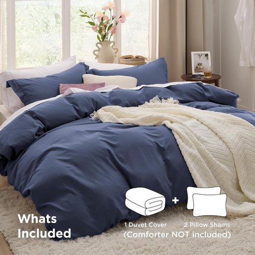 Bedsure Navy Blue Duvet Cover Set - Soft Prewashed Cotton-Like Polyester, King Size 3-Piece Bedding (104x90 Inches)