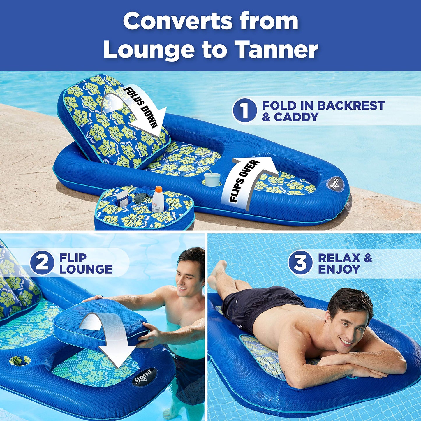 Aqua Campania Ultimate 2-in-1 Pool Float Lounge – Extra Large – Inflatable Pool Floats for Adults with Adjustable Backrest & Cupholder Caddy – Royal/Lime Hibiscus