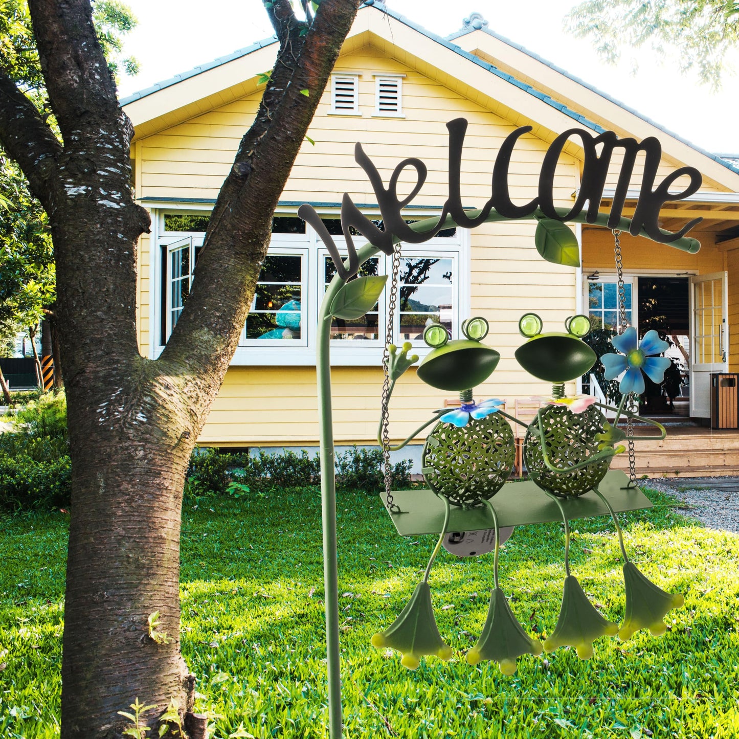 Frog Solar Light Garden Outdoor Decoration Swing Metal Stake Lamp with Welcome Sign Waterproof Patio Yard Decor Gifts-48 inch